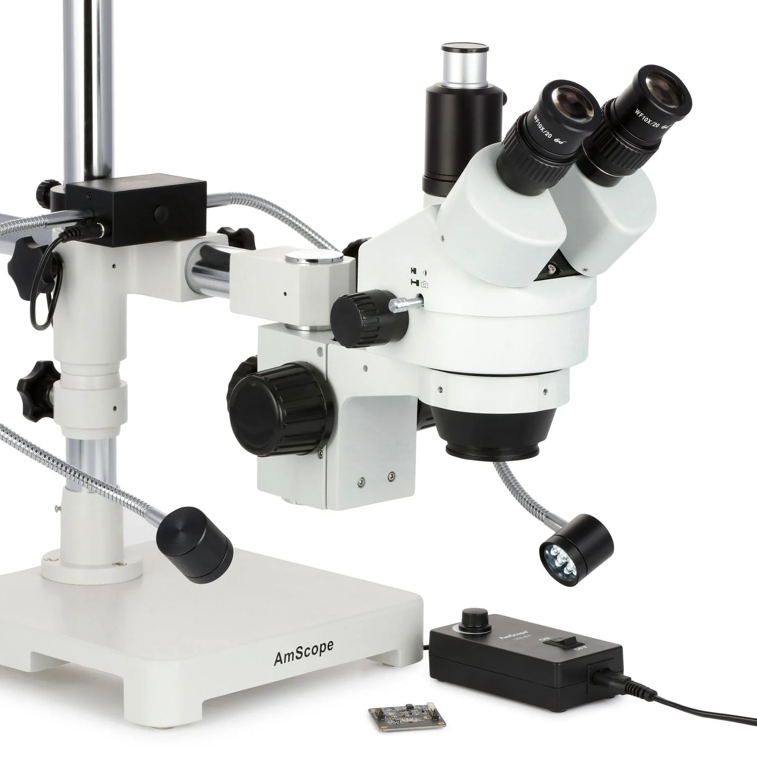 AmScope SM-3T Series Trinocular Zoom Stereo Microscope 7X-45X with 8W LED Dual Gooseneck Illuminator + Optional Digital Camera on Single Arm Boom Stand - Image 6