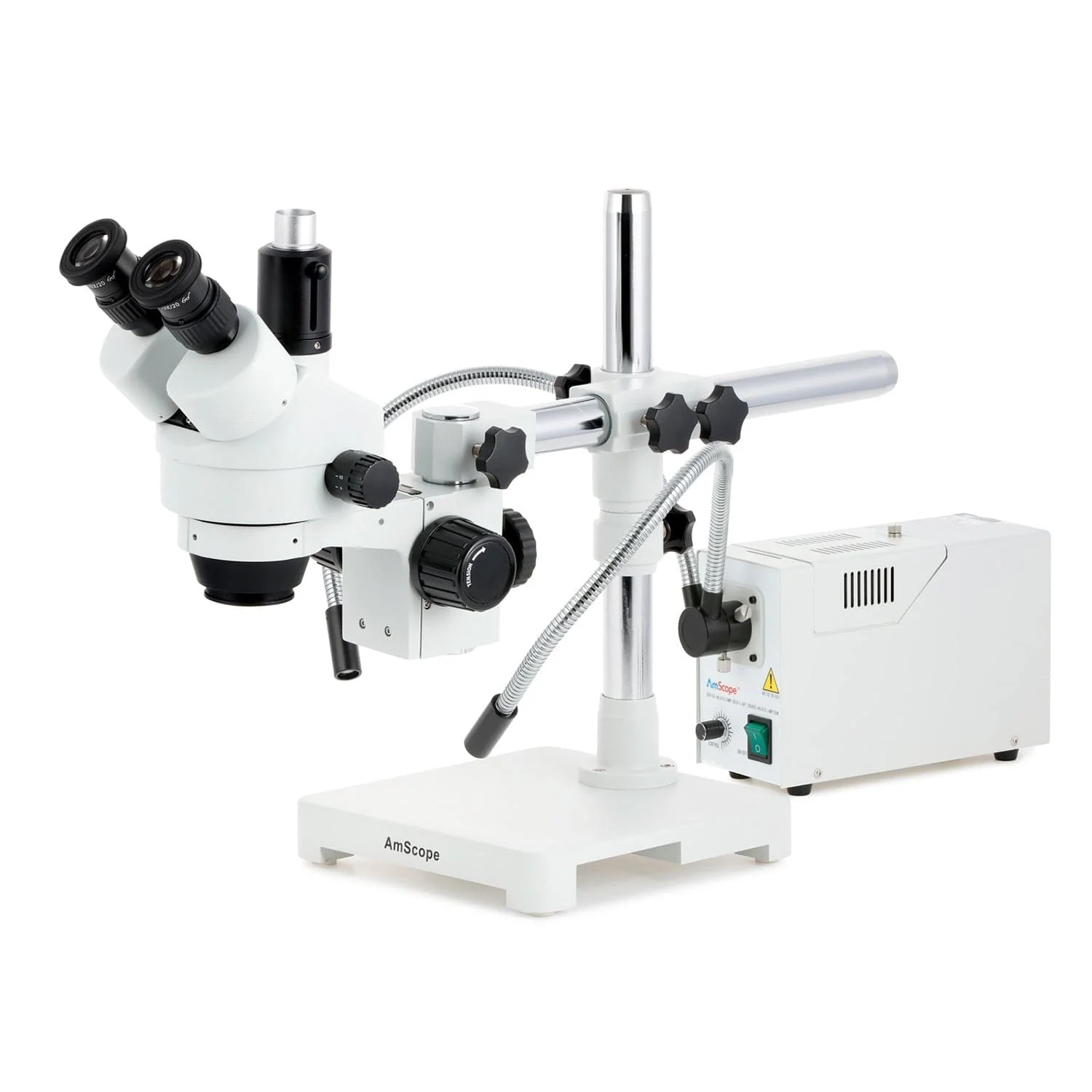 AmScope SM-3 Series Zoom Trinocular Stereo Microscope with 150W Halogen Dual Fiber Gooseneck Lights and Optional Digital Camera on Single Arm Boom Stand