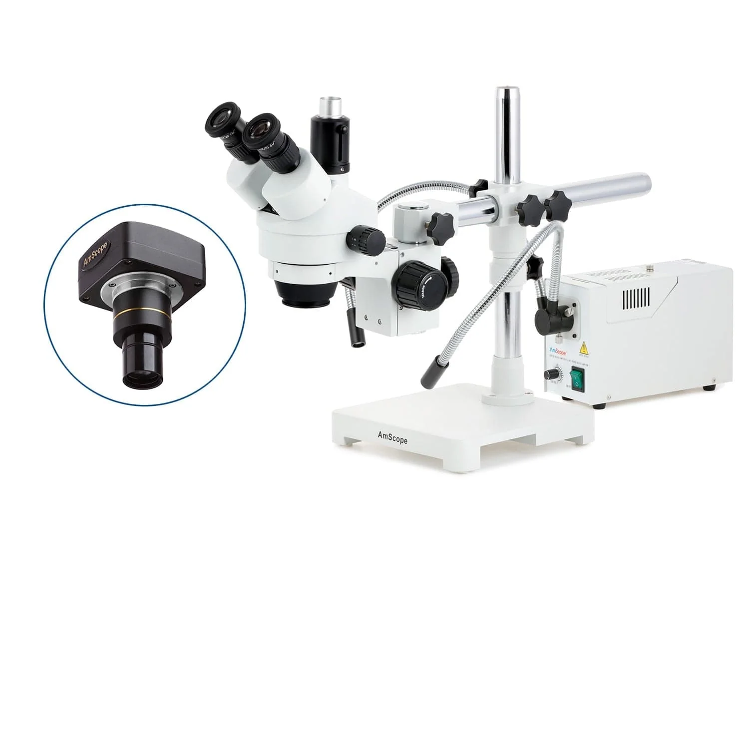 AmScope SM-3 Series Zoom Trinocular Stereo Microscope with 150W Halogen Dual Fiber Gooseneck Lights and Optional Digital Camera on Single Arm Boom Stand - Image 2