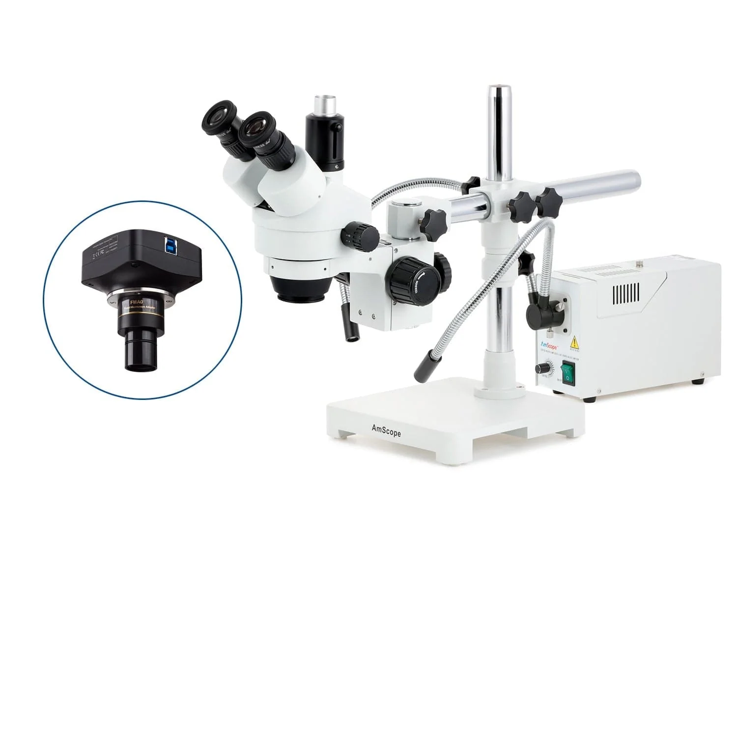 AmScope SM-3 Series Zoom Trinocular Stereo Microscope with 150W Halogen Dual Fiber Gooseneck Lights and Optional Digital Camera on Single Arm Boom Stand - Image 4