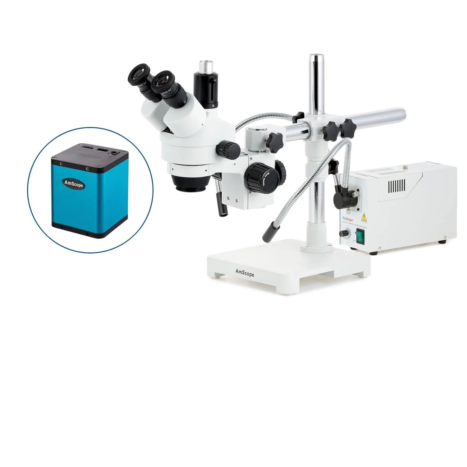 AmScope SM-3 Series Zoom Trinocular Stereo Microscope with 150W Halogen Dual Fiber Gooseneck Lights and Auto Focus Camera on Single Arm Boom Stand - Image 3