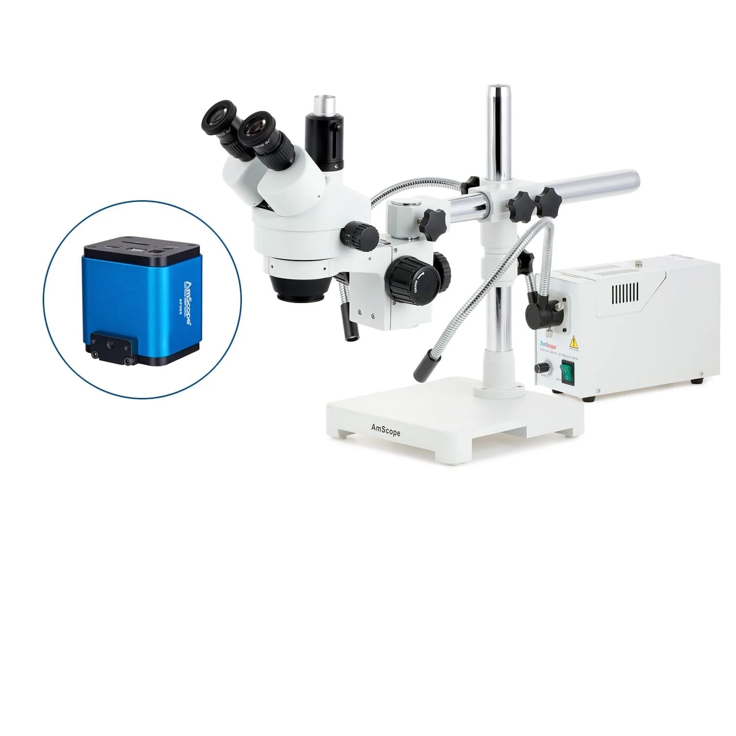 AmScope SM-3 Series Zoom Trinocular Stereo Microscope with 150W Halogen Dual Fiber Gooseneck Lights and Auto Focus Camera on Single Arm Boom Stand - Image 7