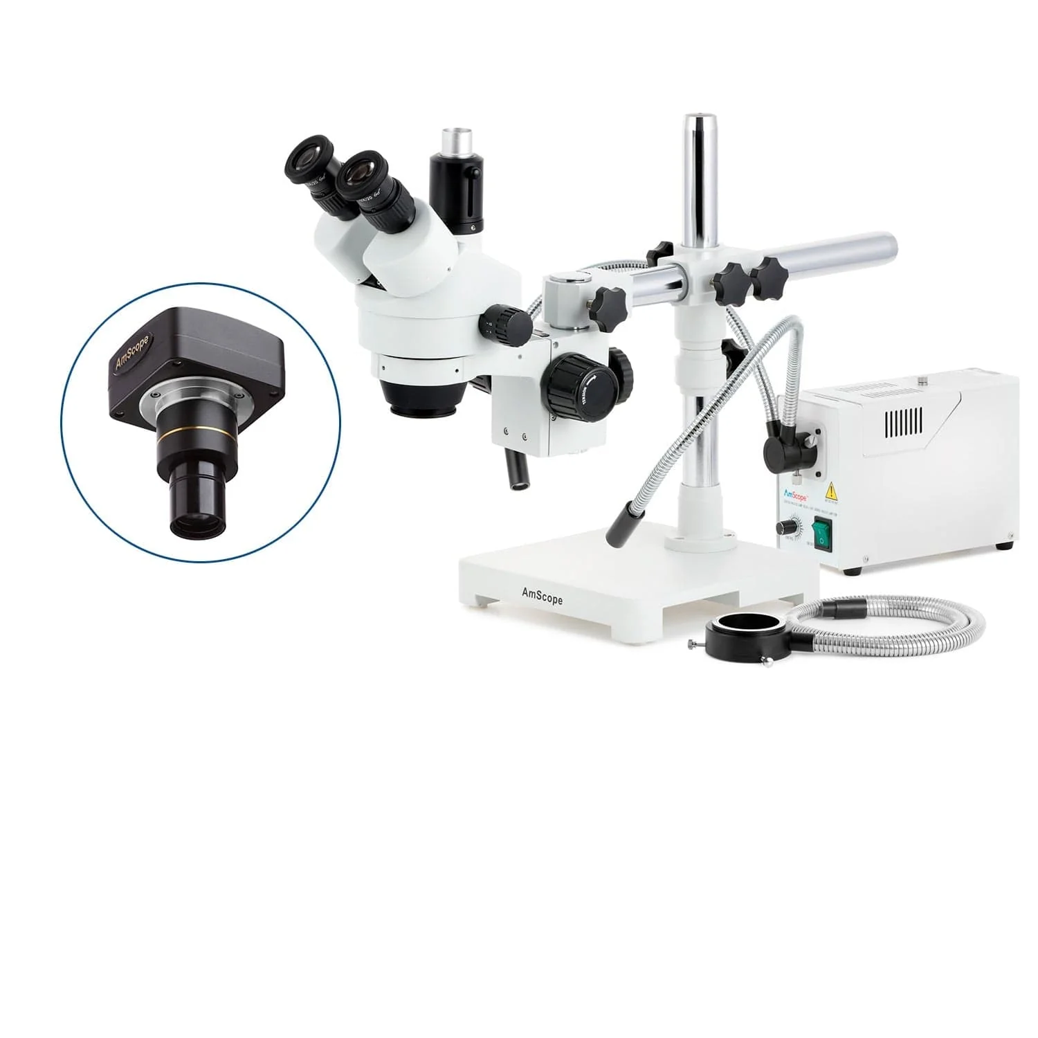 AmScope SM-3 Series Zoom Trinocular Stereo Microscope with 150W Halogen Dual Gooseneck & Ring Lights and Optional Digital Camera on Single Arm Boom Stand - Image 2