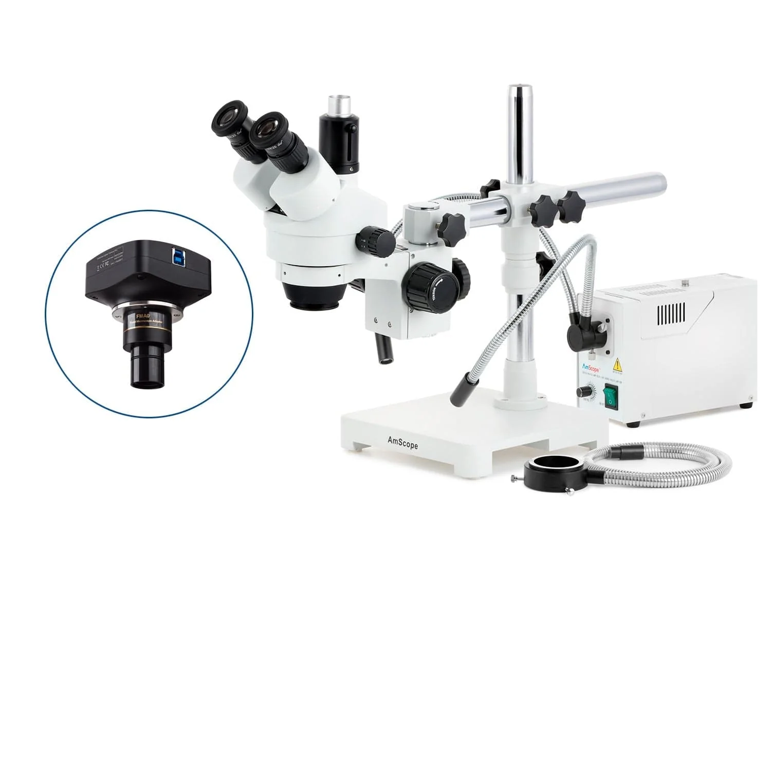AmScope SM-3 Series Zoom Trinocular Stereo Microscope with 150W Halogen Dual Gooseneck & Ring Lights and Optional Digital Camera on Single Arm Boom Stand - Image 4