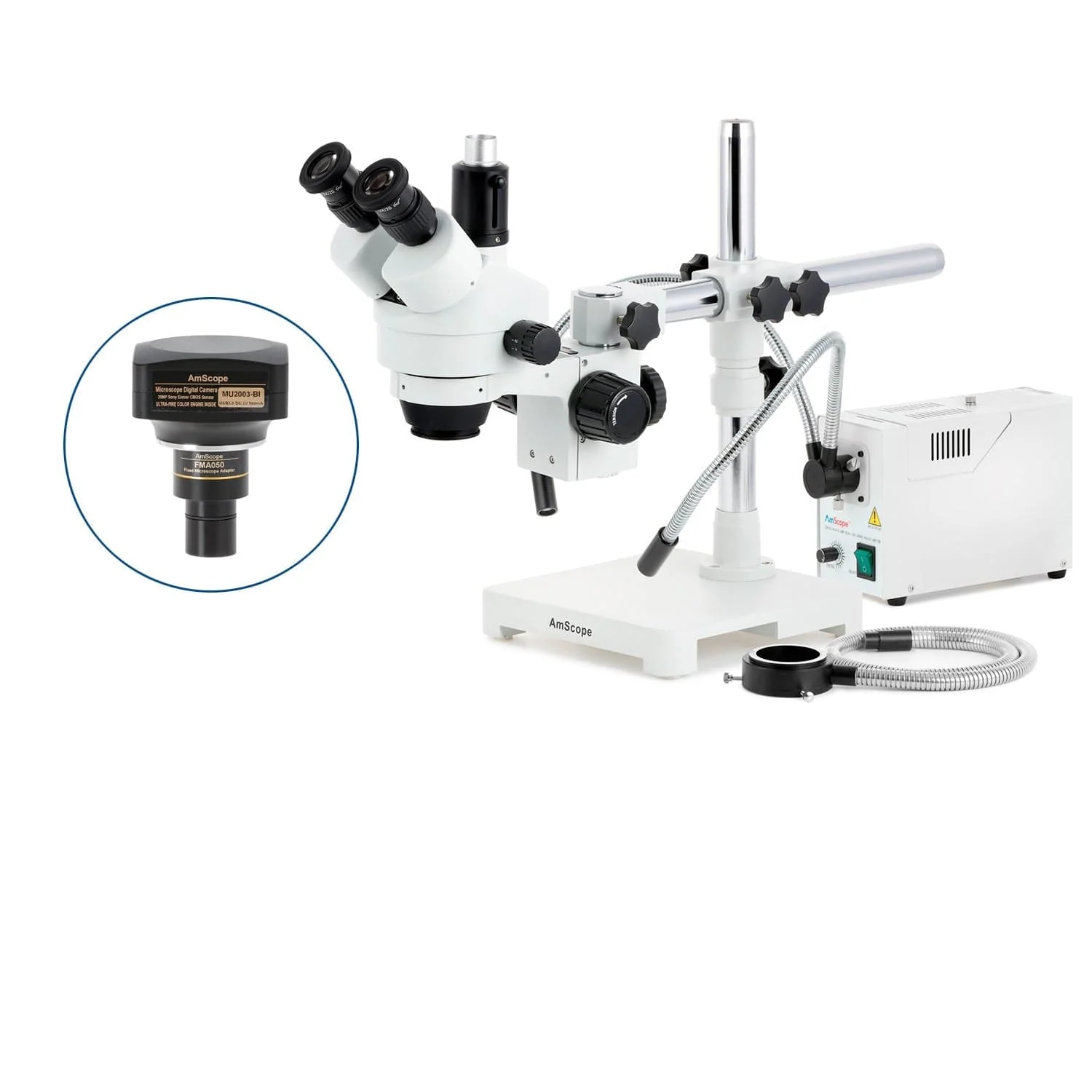 AmScope SM-3 Series Zoom Trinocular Stereo Microscope with 150W Halogen Dual Gooseneck & Ring Lights and Optional Digital Camera on Single Arm Boom Stand - Image 6