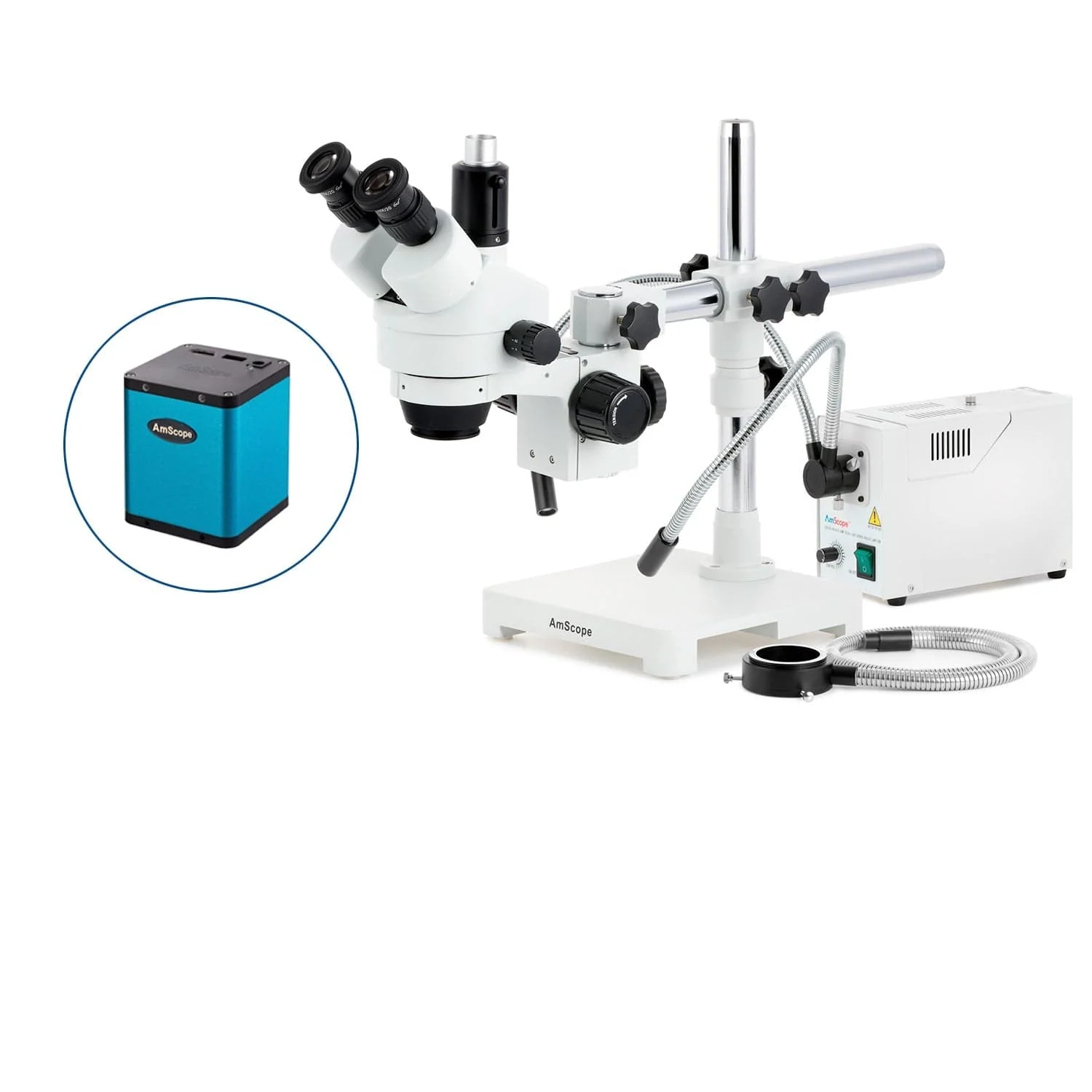 AmScope SM-3 Series Zoom Trinocular Stereo Microscope with 150W Halogen Dual Gooseneck & Ring Lights and Auto Focus Camera on Single Arm Boom Stand - Image 2