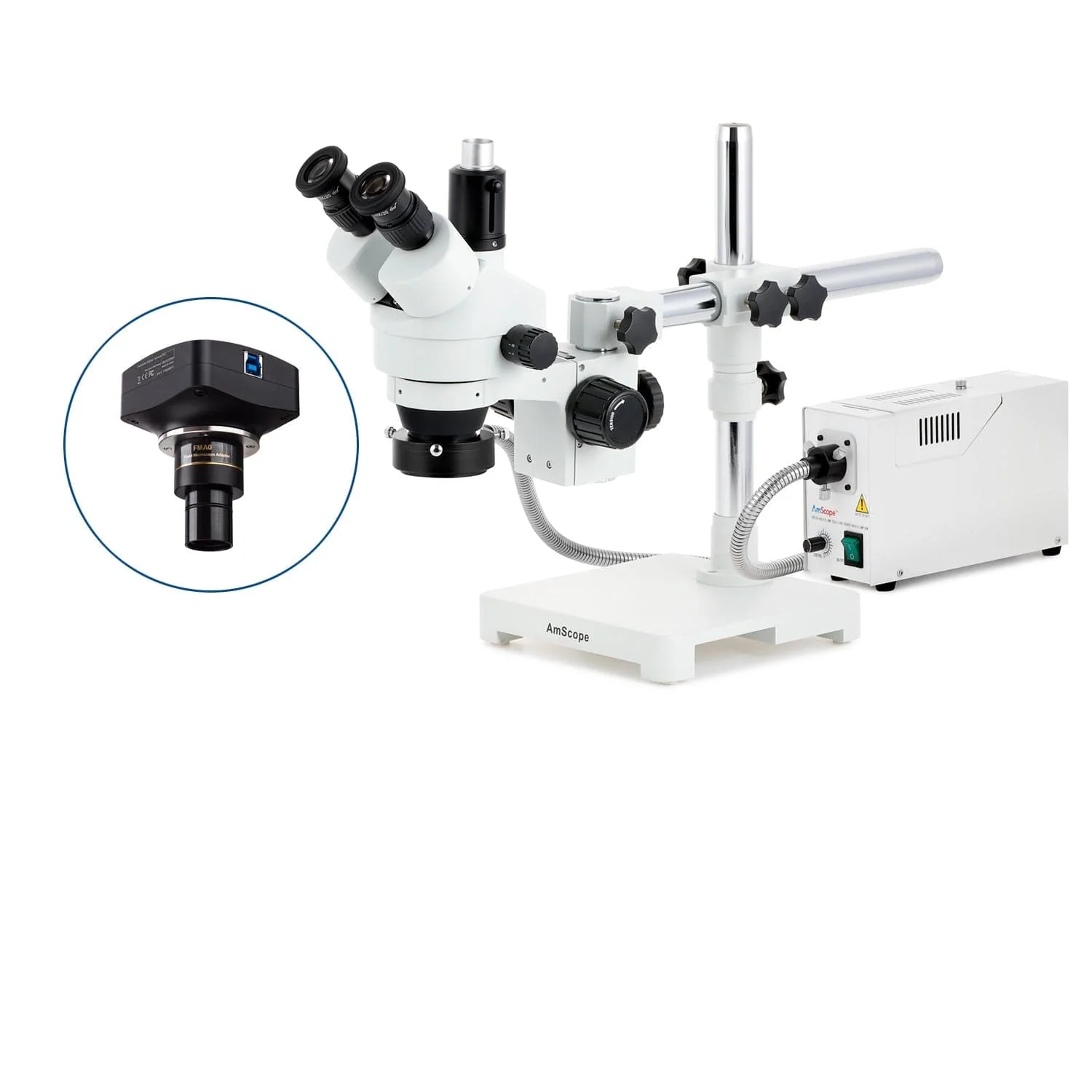 AmScope SM-3 Series Zoom Trinocular Stereo Microscope with 150W Halogen Ring Light and Optional Digital Camera on Single Arm Boom Stand - Image 4