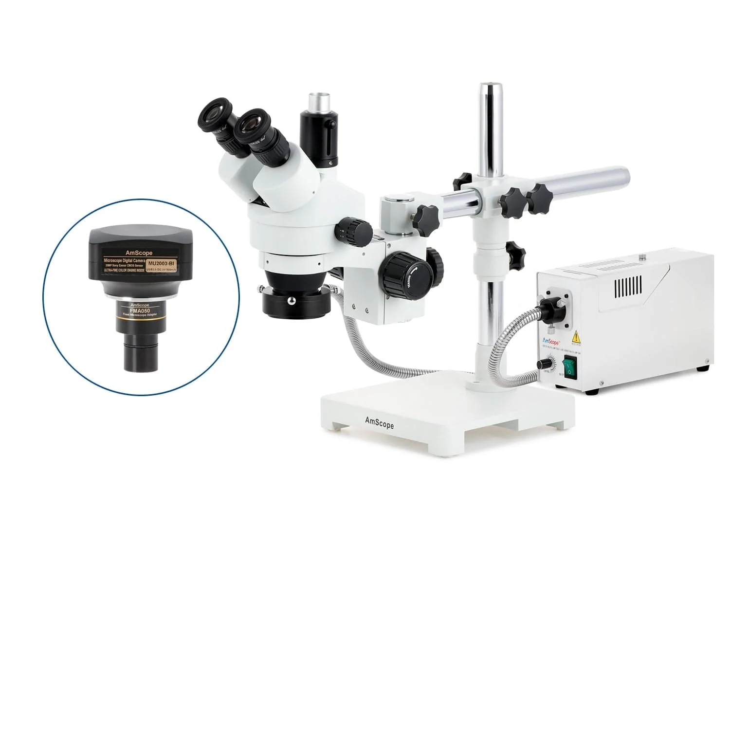 AmScope SM-3 Series Zoom Trinocular Stereo Microscope with 150W Halogen Ring Light and Optional Digital Camera on Single Arm Boom Stand - Image 6