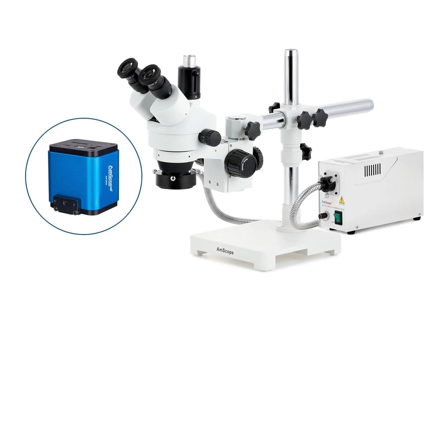 AmScope SM-3 Series Zoom Trinocular Stereo Microscope with 150W Halogen Ring Light and Auto Focus Camera on Single Arm Boom Stand - Image 7