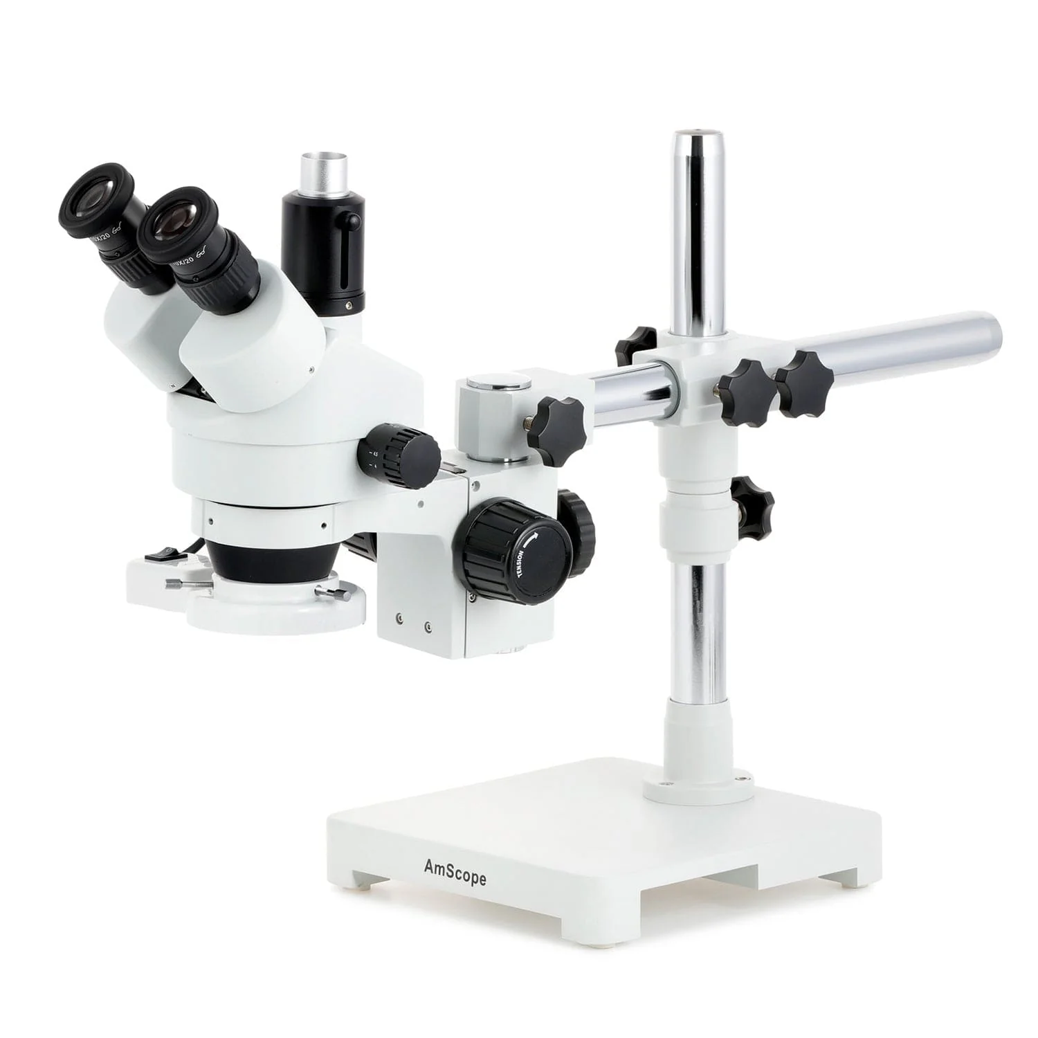 AmScope SM-3 Series Zoom Trinocular Stereo Microscope with 8W Fluorescent Ring Light and Auto Focus Camera on Single Arm Boom Stand - Image 2