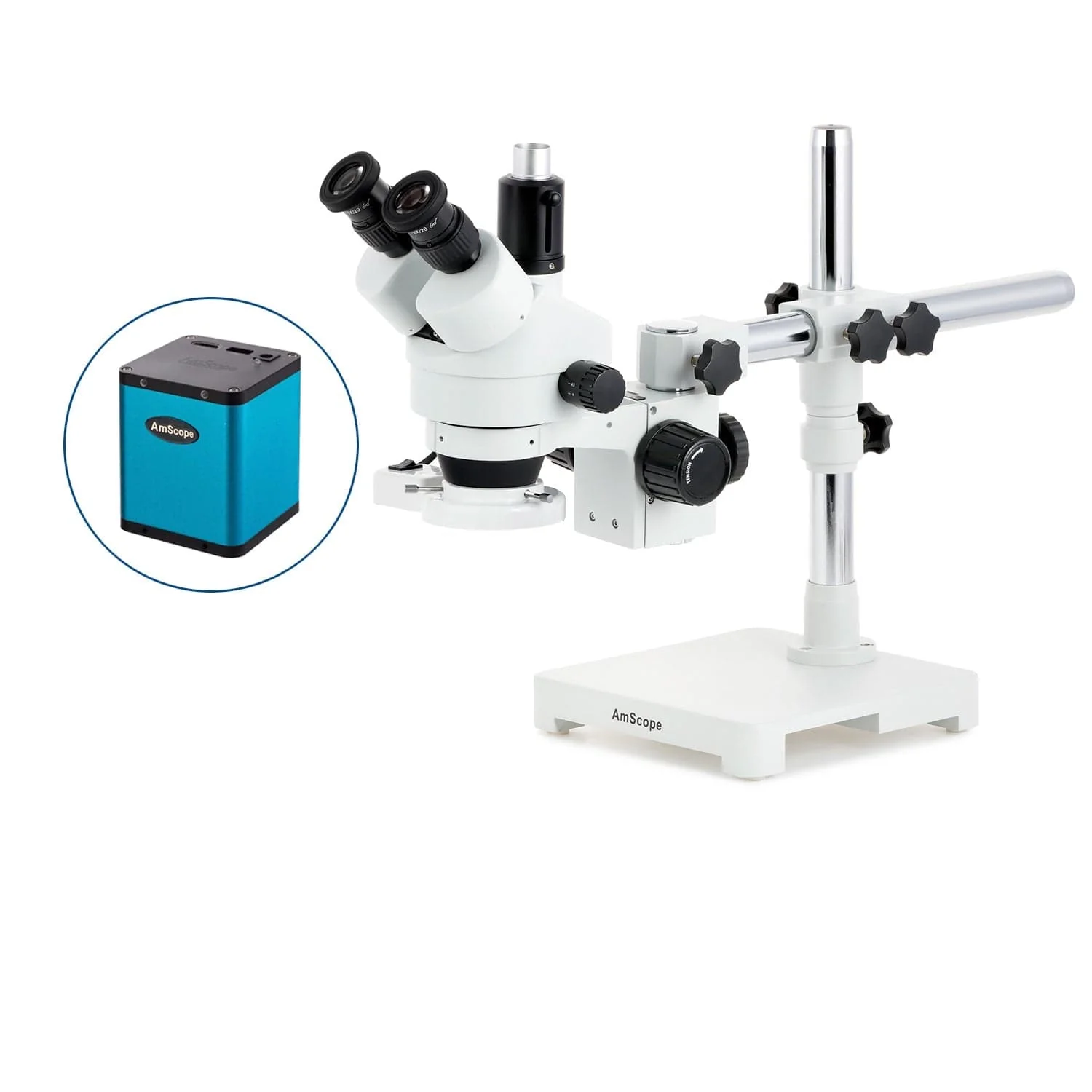 AmScope SM-3 Series Zoom Trinocular Stereo Microscope with 8W Fluorescent Ring Light and Auto Focus Camera on Single Arm Boom Stand - Image 3