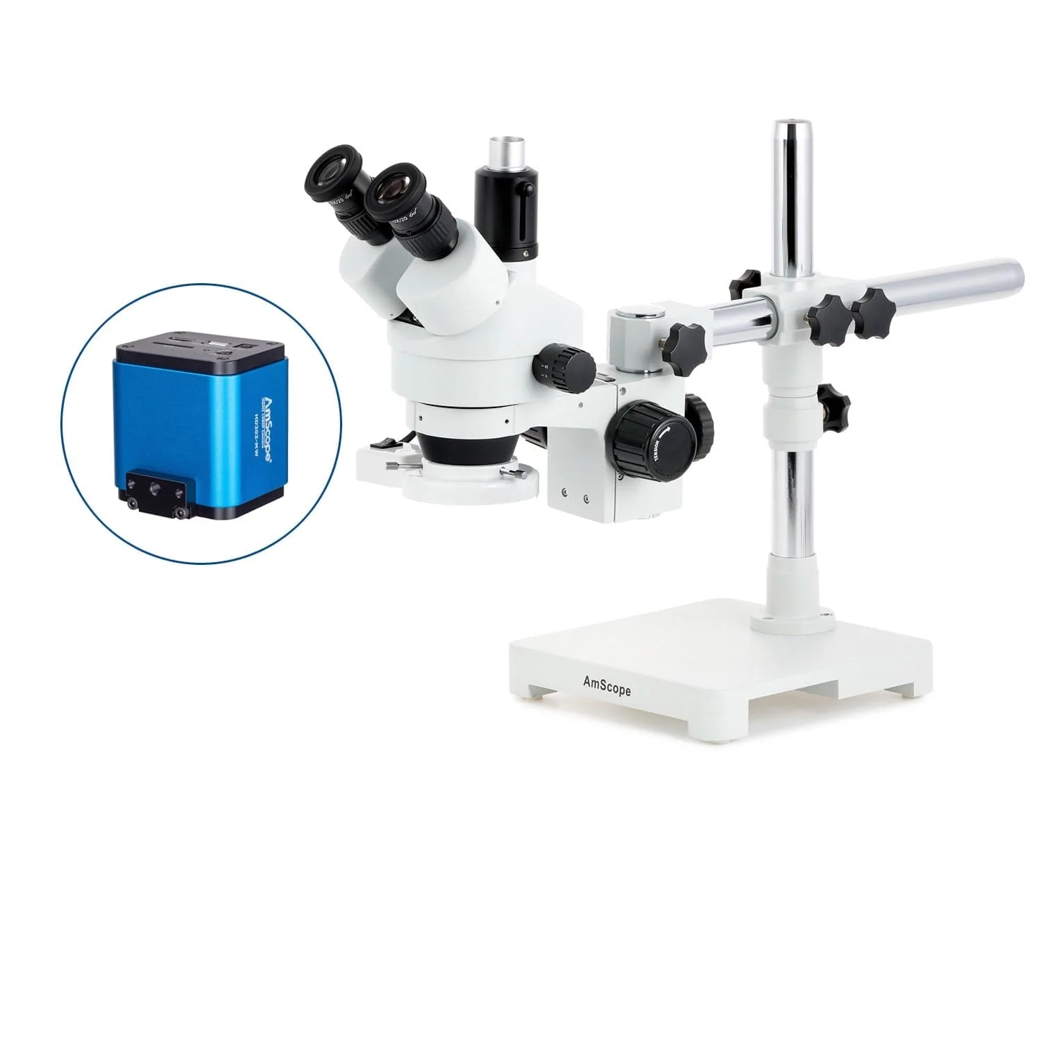 AmScope SM-3 Series Zoom Trinocular Stereo Microscope with 8W Fluorescent Ring Light and HDMI Camera on Single Arm Boom Stand - Image 5