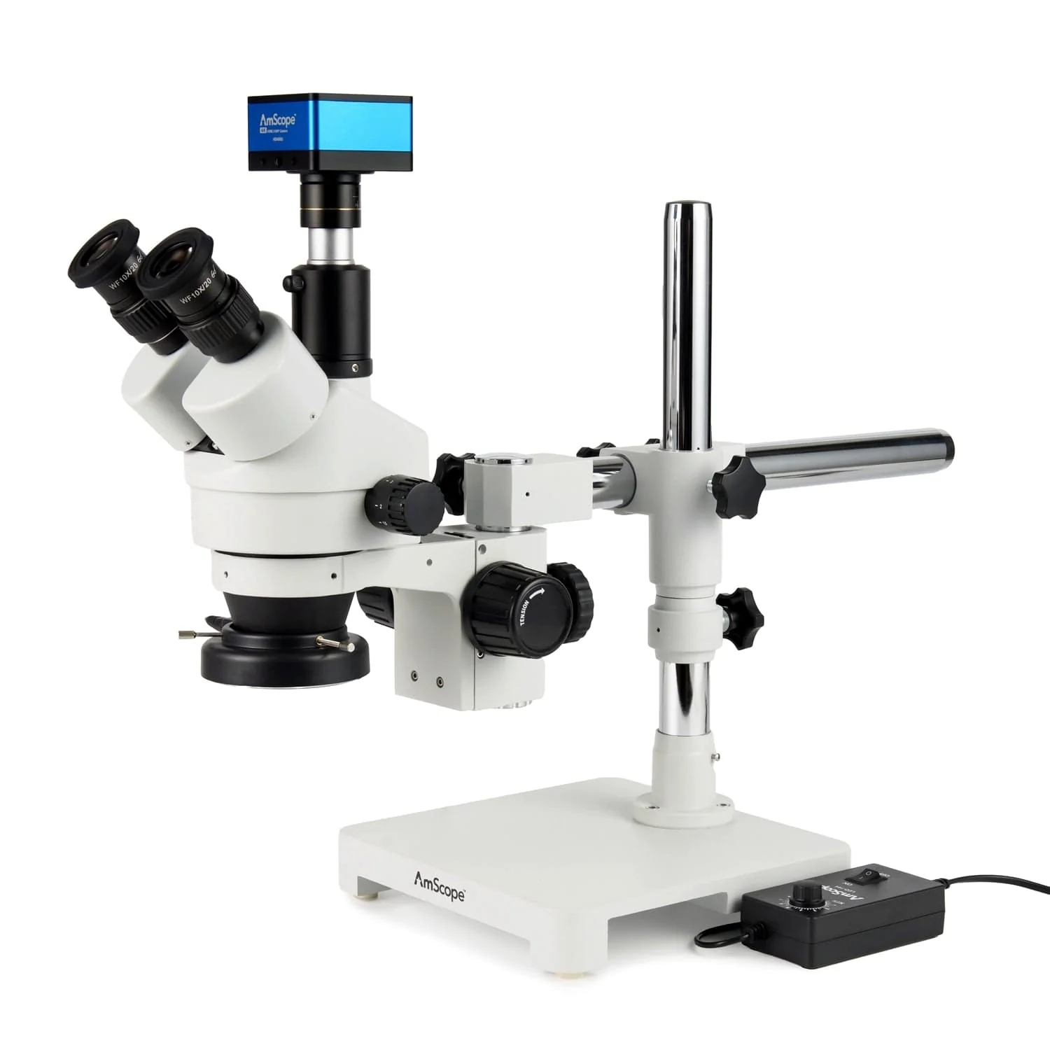 AmScope Zoom Trinocular Stereo Microscope 7X-45X Magnification Range, SM-3 Series on Single Arm Boom Stand + 144-LED Ring Light + Optional 4K Camera