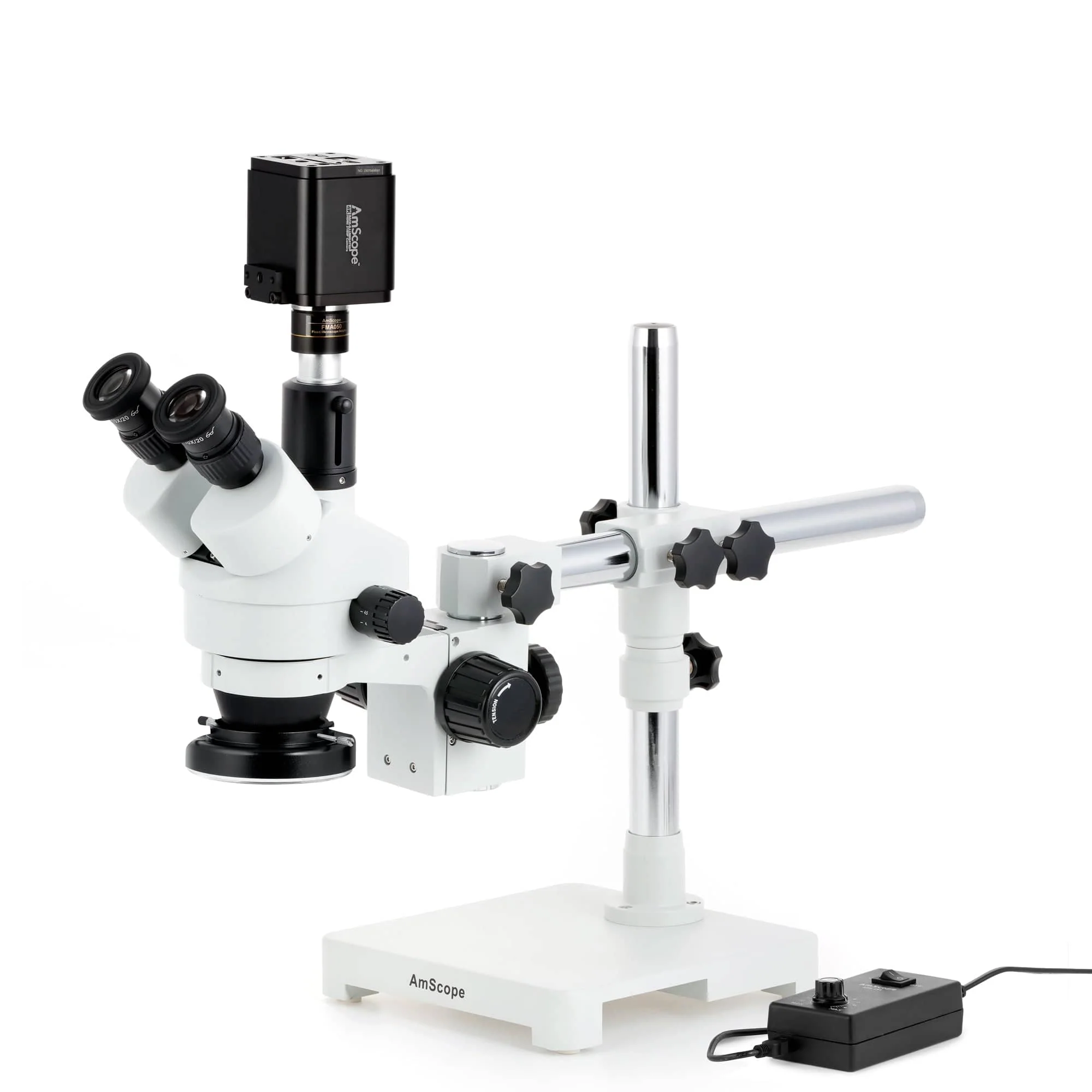 AmScope Zoom Trinocular Stereo Microscope 7X-45X Magnification Range, SM-3 Series on Single Arm Boom Stand + 144-LED Ring Light + Optional 4K Camera - Image 2