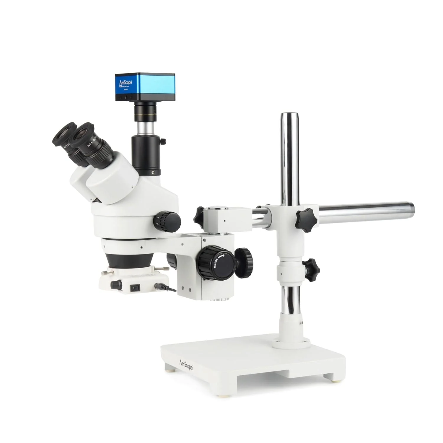 AmScope Zoom Trinocular Stereo Microscope 7X-45X Magnification Range, SM-3 Series on Single Arm Boom Stand + 80-LED Ring Light + Optional 4K Camera