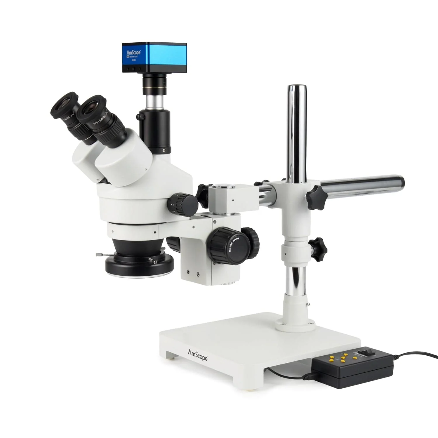 AmScope Zoom Trinocular Stereo Microscope 7X-45X Magnification Range, SM-3 Series on Single Arm Boom Stand + Four-Zone 144-LED Ring Light + Optional 4K Camera