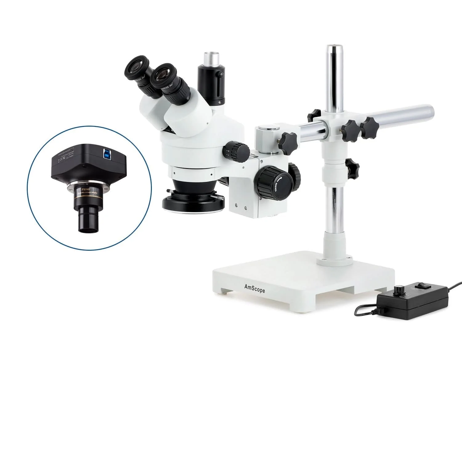 AmScope SM-3 Series Simul-Focal Zoom Trinocular Stereo Microscope with 144 LED Ring Light and Optional Digital Camera on Single Arm Boom Stand - Image 4