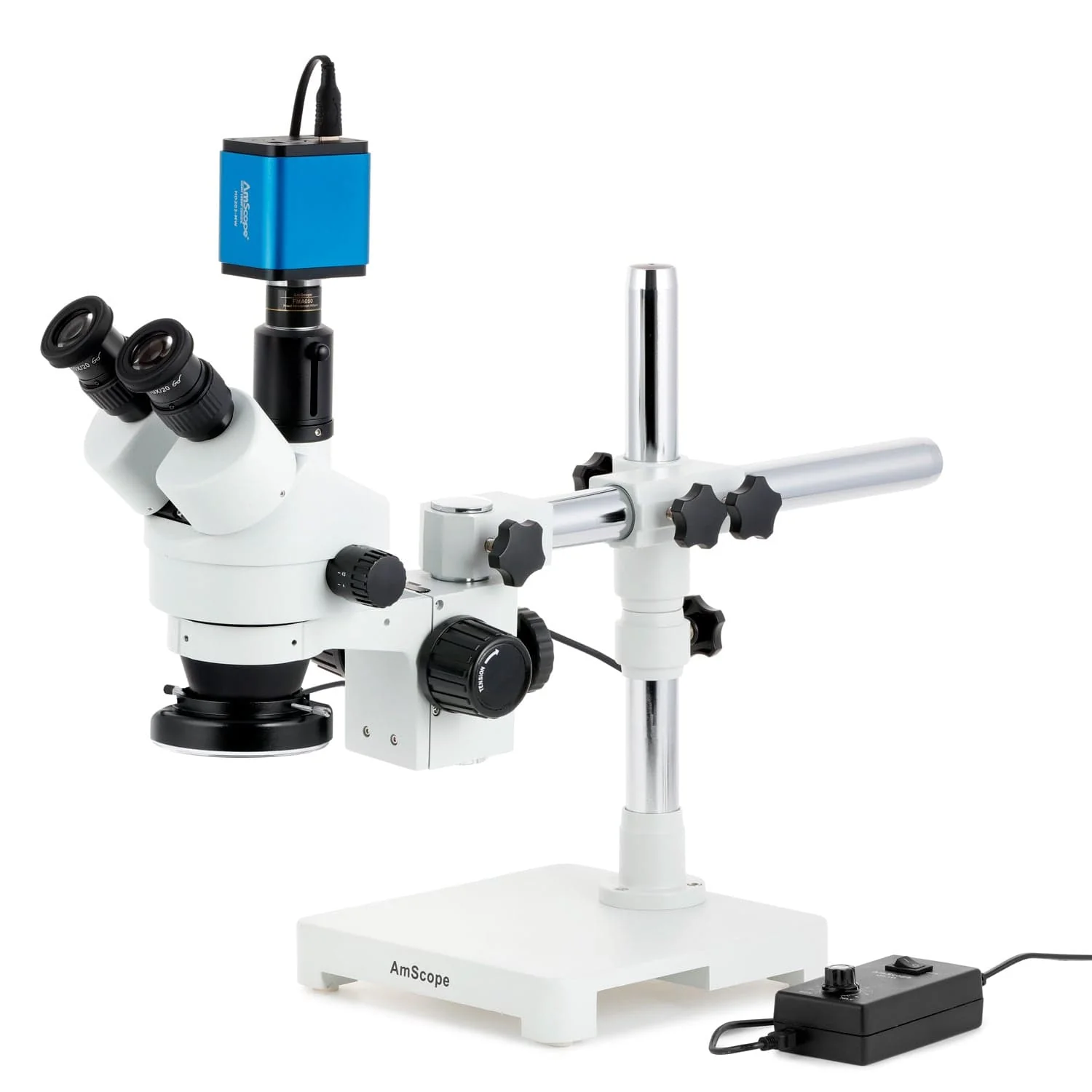 AmScope SM-3 Series Simul-Focal Zoom Trinocular Stereo Microscope with 144 LED Ring Light and HDMI Camera on Single Arm Boom Stand