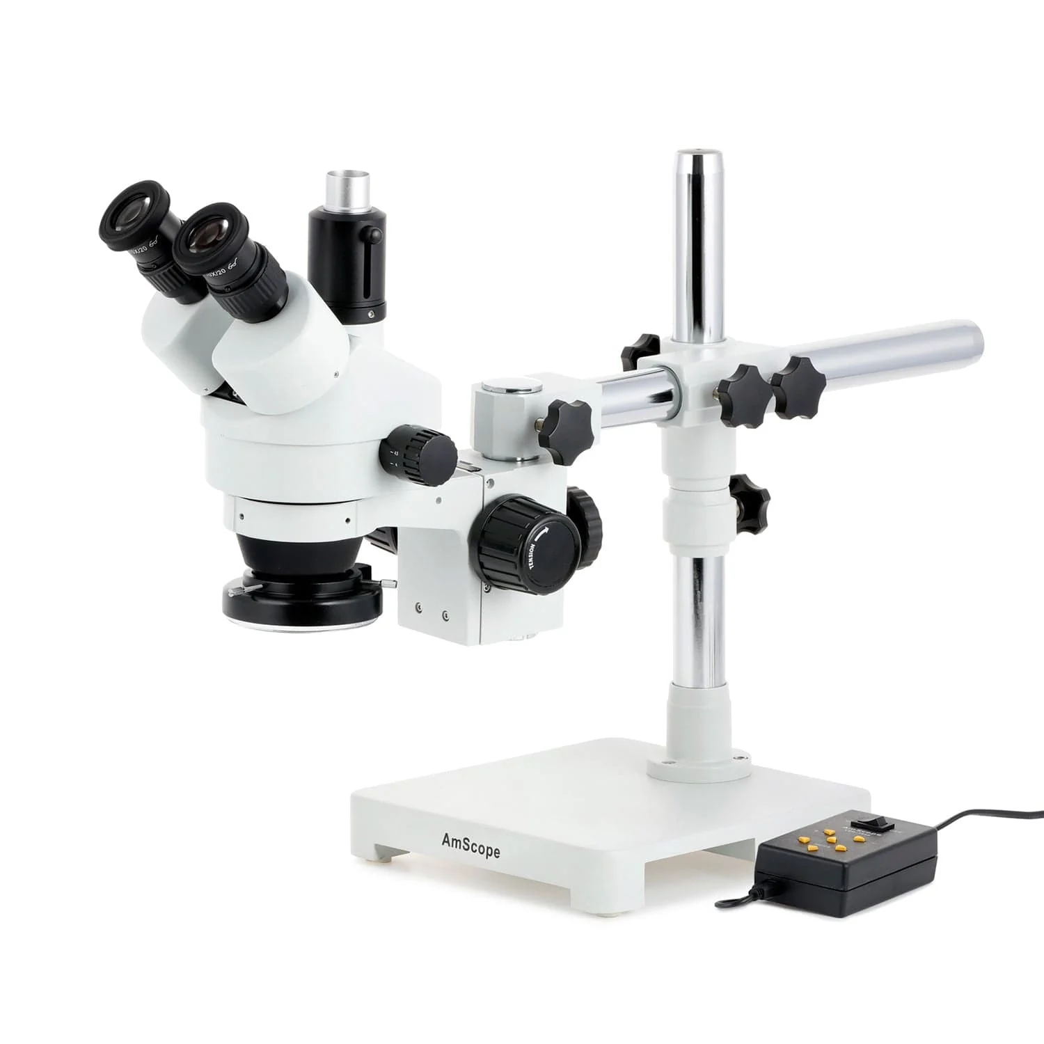 AmScope SM-3 Series Simul-Focal Zoom Trinocular Stereo Microscope with Multi-Zone 144 LED and Optional Digital Camera on Single Arm Boom Stand