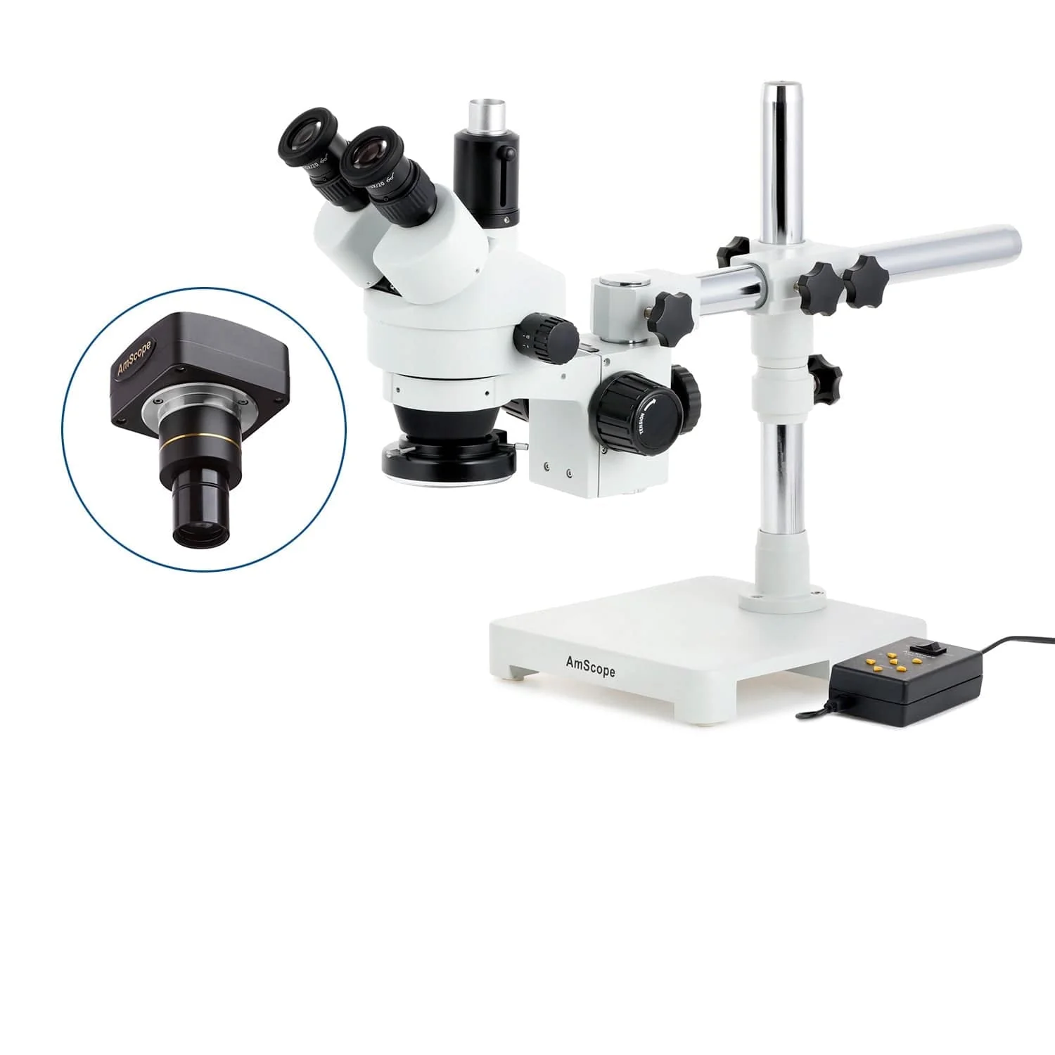 AmScope SM-3 Series Simul-Focal Zoom Trinocular Stereo Microscope with Multi-Zone 144 LED and Optional Digital Camera on Single Arm Boom Stand - Image 2
