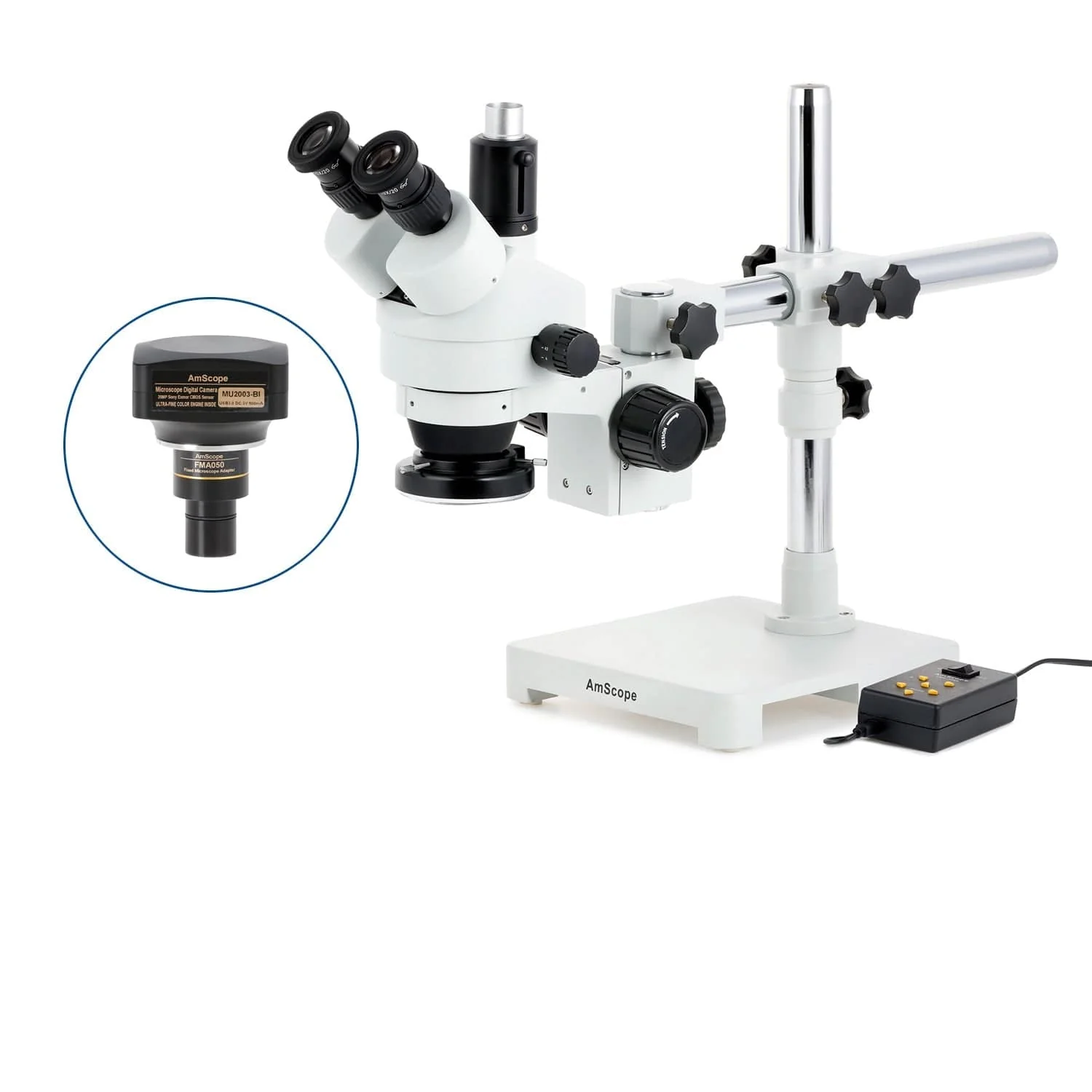 AmScope SM-3 Series Simul-Focal Zoom Trinocular Stereo Microscope with Multi-Zone 144 LED and Optional Digital Camera on Single Arm Boom Stand - Image 6