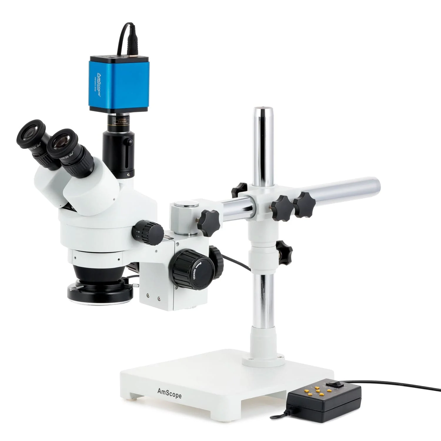 AmScope SM-3 Series Simul-Focal Zoom Trinocular Stereo Microscope with Multi-Zone 144 LED and HDMI Camera on Single Arm Boom Stand