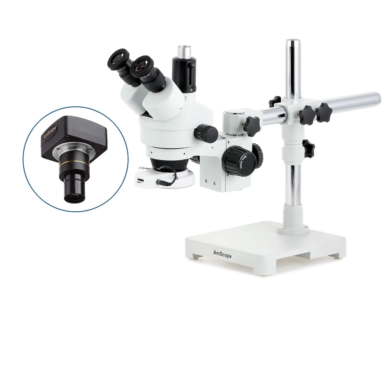 AmScope SM-3 Series Simul-Focal Zoom Trinocular Stereo Microscope with 144 LED Compact Ring Light and Optional Digital Camera on Single Arm Boom Stand - Image 2