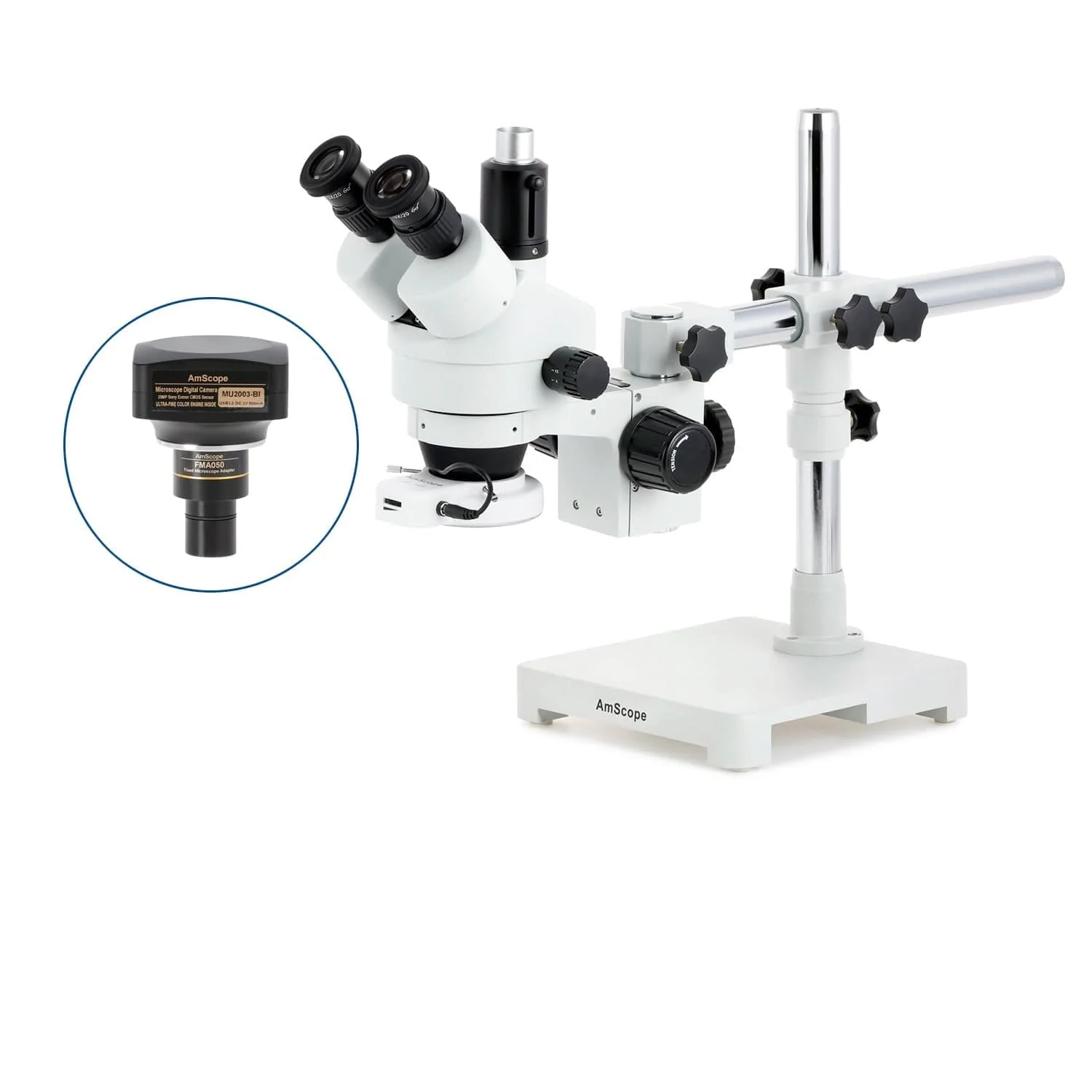 AmScope SM-3 Series Simul-Focal Zoom Trinocular Stereo Microscope with 144 LED Compact Ring Light and Optional Digital Camera on Single Arm Boom Stand - Image 6