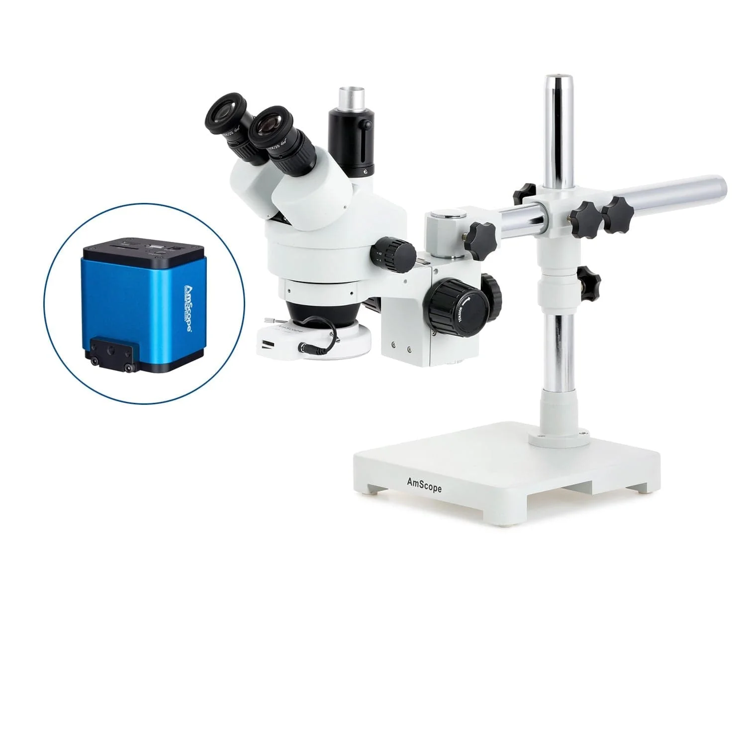 AmScope SM-3 Series Simul-Focal Zoom Trinocular Stereo Microscope with 144 LED Compact Ring Light and HDMI Camera on Single Arm Boom Stand - Image 9