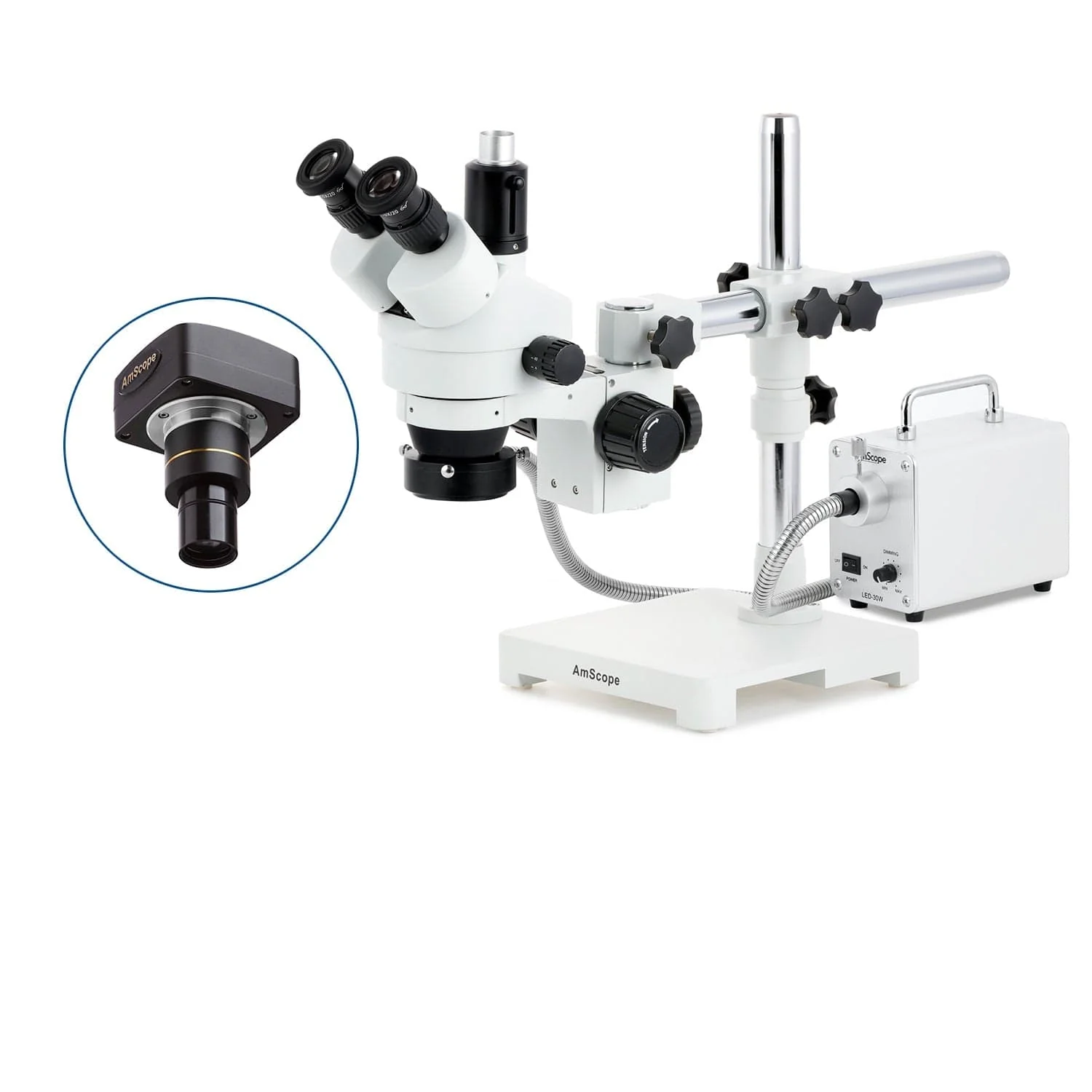 AmScope SM-3 Series Simul-Focal Zoom Trinocular Stereo Microscope with 30W LED Fiber Optic Ring Light and Optional Digital Camera on Single Arm Boom Stand - Image 2