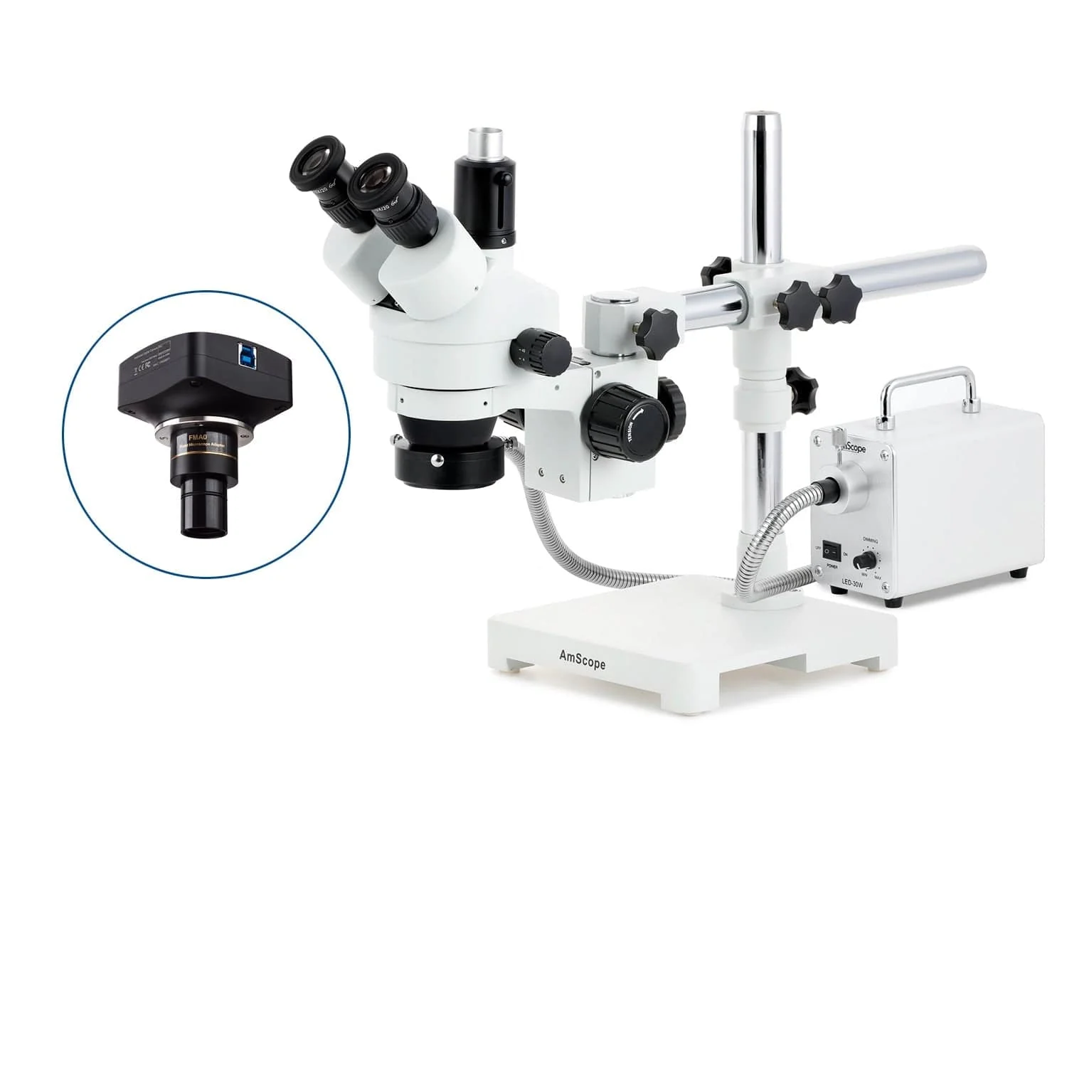AmScope SM-3 Series Simul-Focal Zoom Trinocular Stereo Microscope with 30W LED Fiber Optic Ring Light and Optional Digital Camera on Single Arm Boom Stand - Image 4