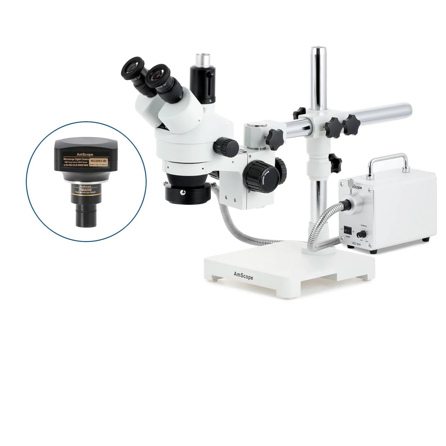 AmScope SM-3 Series Simul-Focal Zoom Trinocular Stereo Microscope with 30W LED Fiber Optic Ring Light and Optional Digital Camera on Single Arm Boom Stand - Image 6