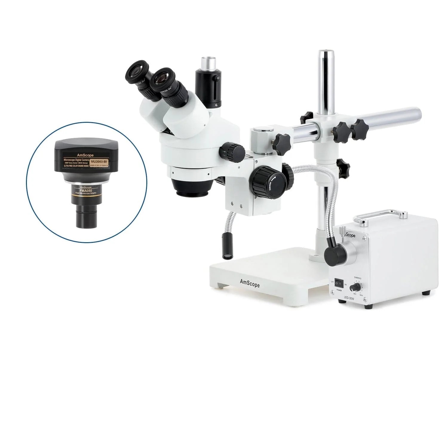 AmScope SM-3 Series Simul-Focal Zoom Trinocular Stereo Microscope with 30W LED Single Fiber Optic Gooseneck Light and Optional Digital Camera on Single Arm Boom Stand - Image 6