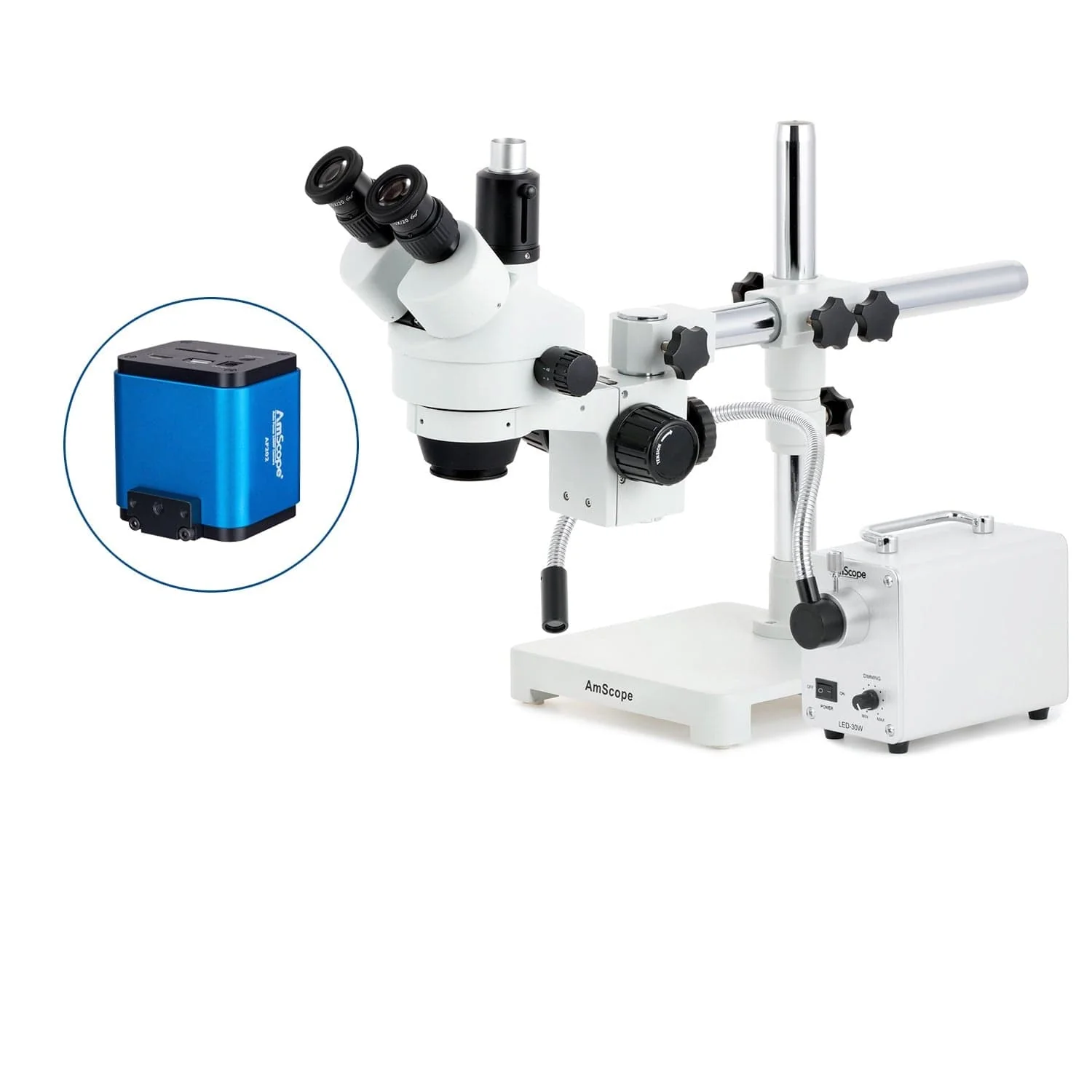 AmScope SM-3 Series Simul-Focal Zoom Trinocular Stereo Microscope with 30W LED Single Fiber Optic Gooseneck Light and Auto Focus Camera on Single Arm Boom Stand - Image 5