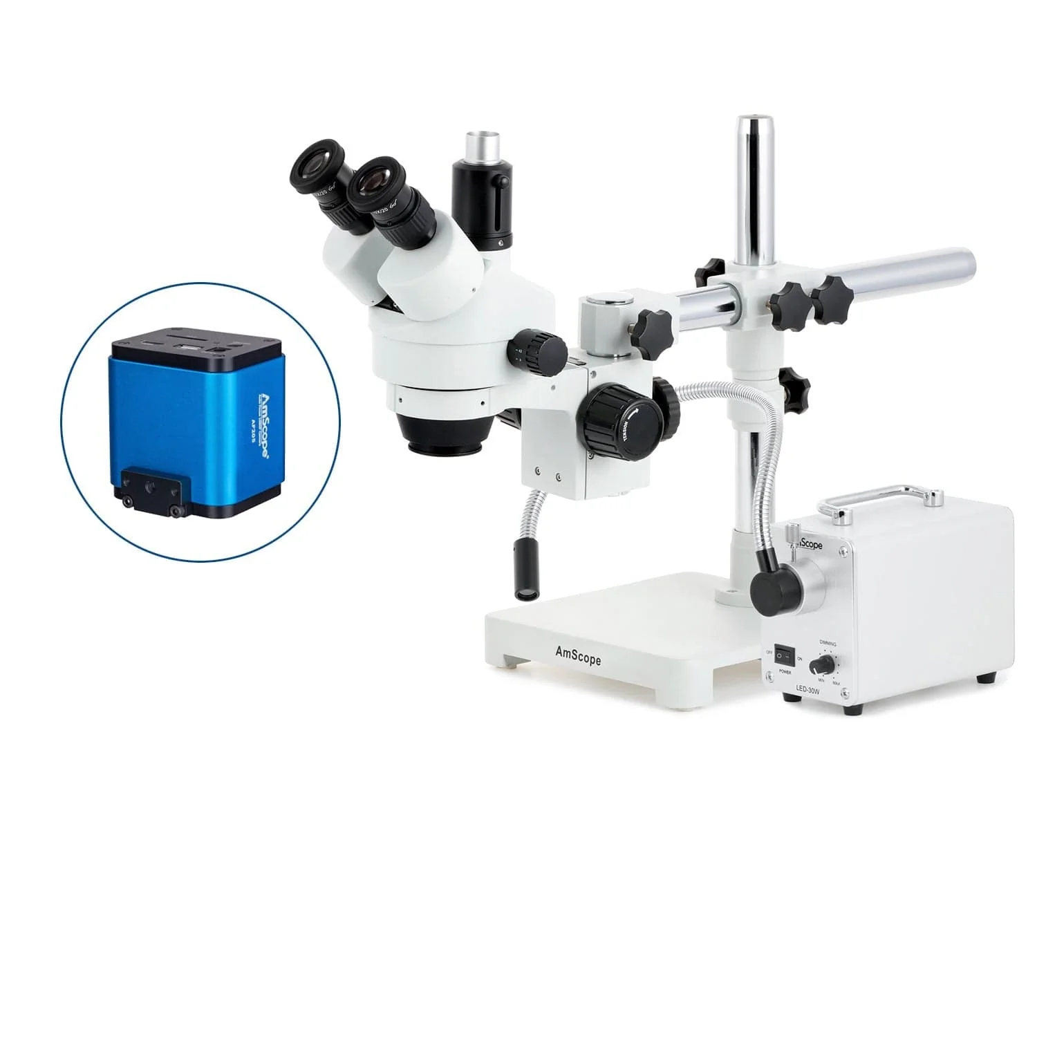 AmScope SM-3 Series Simul-Focal Zoom Trinocular Stereo Microscope with 30W LED Single Fiber Optic Gooseneck Light and Auto Focus Camera on Single Arm Boom Stand - Image 7