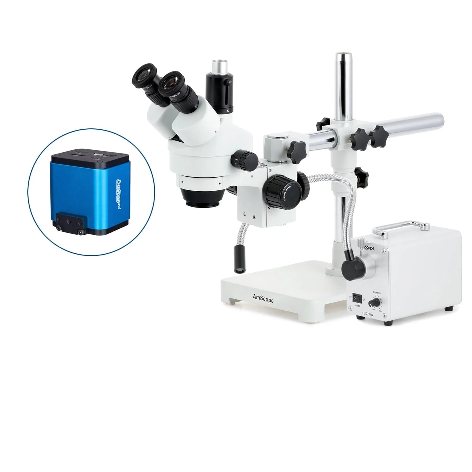 AmScope SM-3 Series Simul-Focal Zoom Trinocular Stereo Microscope with 30W LED Single Fiber Optic Gooseneck Light and HDMI Camera on Single Arm Boom Stand - Image 9
