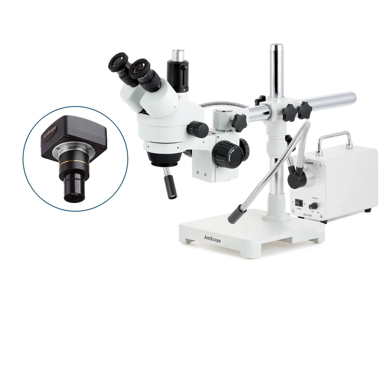 AmScope SM-3 Series Simul-Focal Zoom Trinocular Stereo Microscope with 30W LED Dual Gooseneck Fiber Optic Lights and Optional Digital Camera on Single Arm Boom Stand - Image 2
