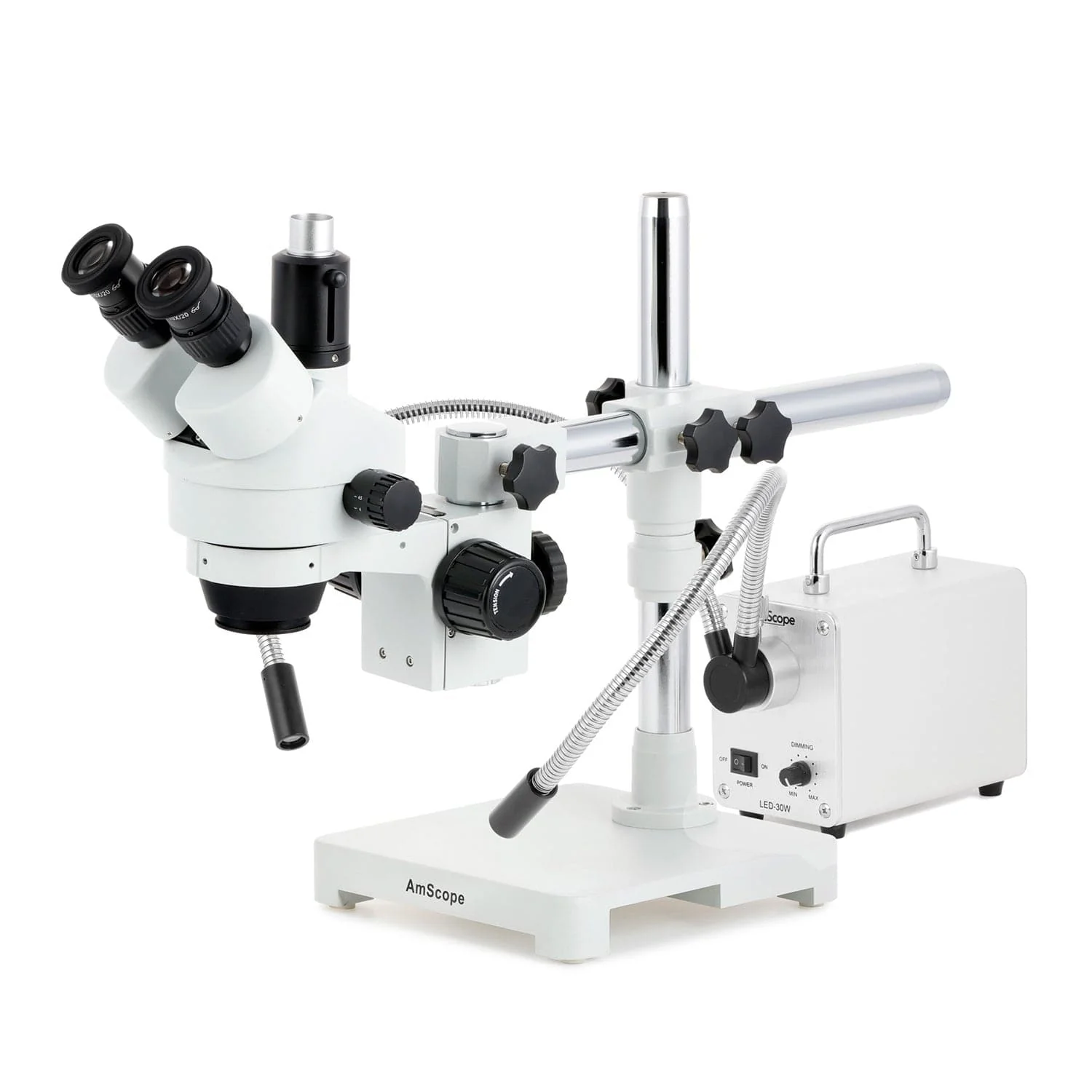 AmScope SM-3 Series Simul-Focal Zoom Trinocular Stereo Microscope with 30W LED Dual Gooseneck Fiber Optic Lights and Auto Focus Camera on Single Arm Boom Stand - Image 2