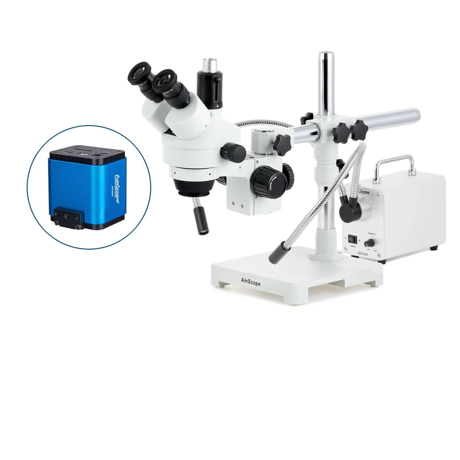 AmScope SM-3 Series Simul-Focal Zoom Trinocular Stereo Microscope with 30W LED Dual Gooseneck Fiber Optic Lights and Auto Focus Camera on Single Arm Boom Stand - Image 7