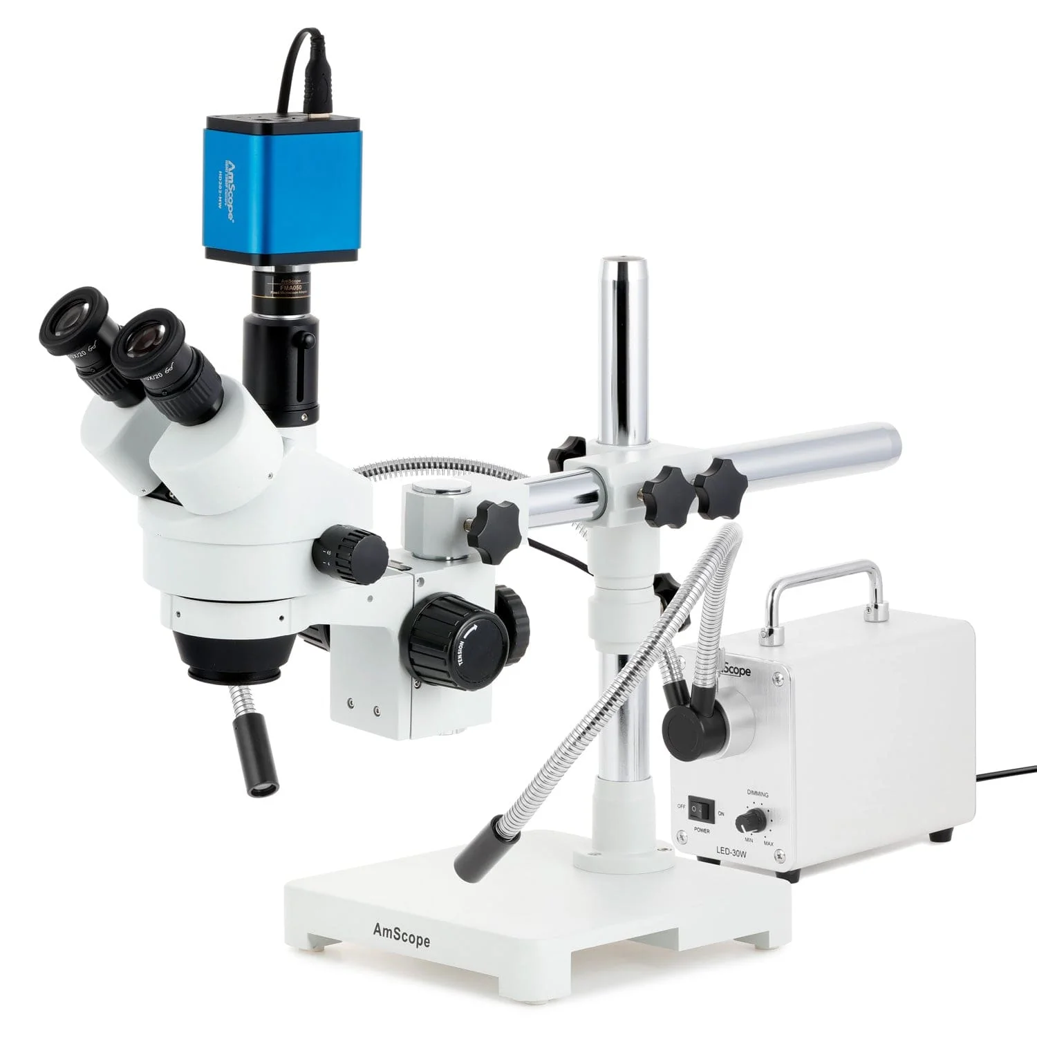 AmScope SM-3 Series Simul-Focal Zoom Trinocular Stereo Microscope with 30W LED Dual Gooseneck Fiber Optic Lights and HDMI Camera on Single Arm Boom Stand