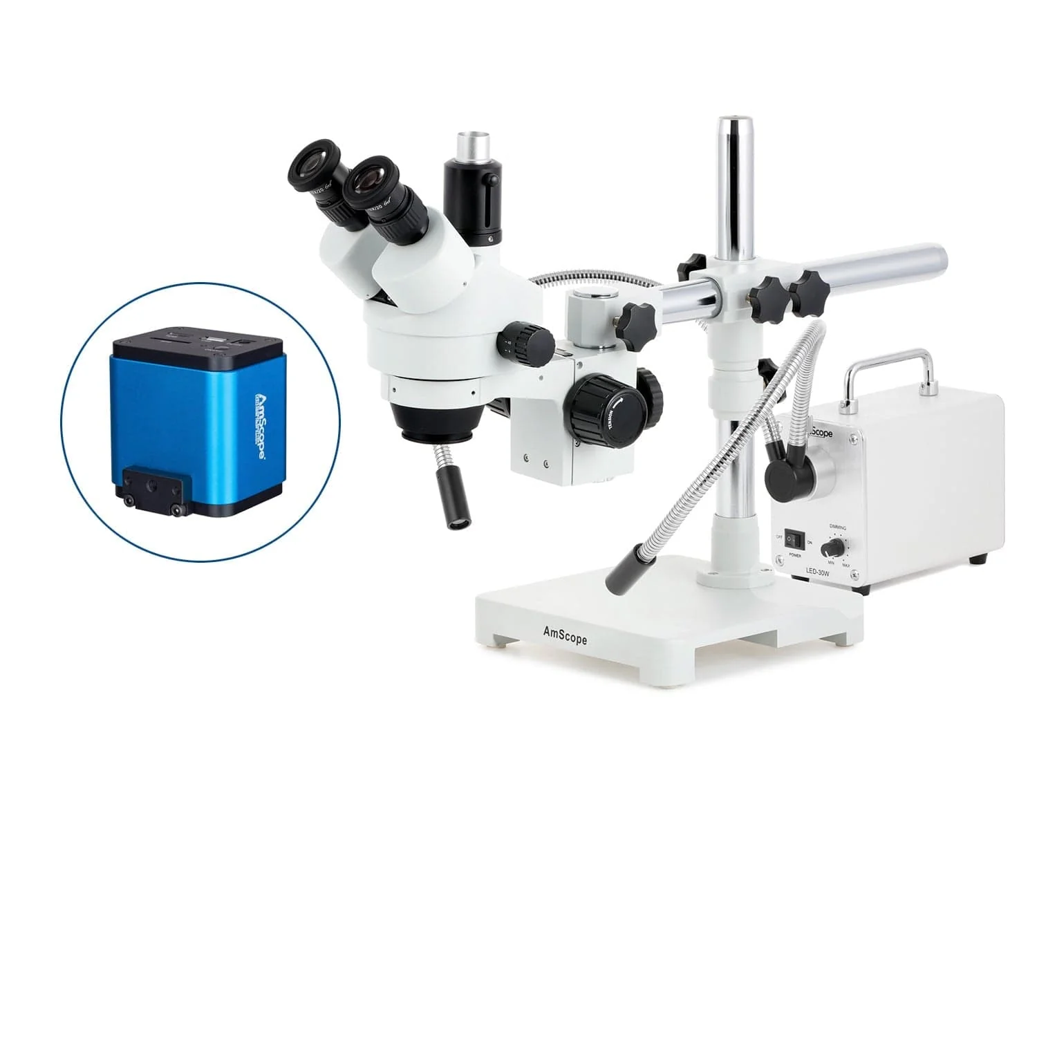 AmScope SM-3 Series Simul-Focal Zoom Trinocular Stereo Microscope with 30W LED Dual Gooseneck Fiber Optic Lights and HDMI Camera on Single Arm Boom Stand - Image 9