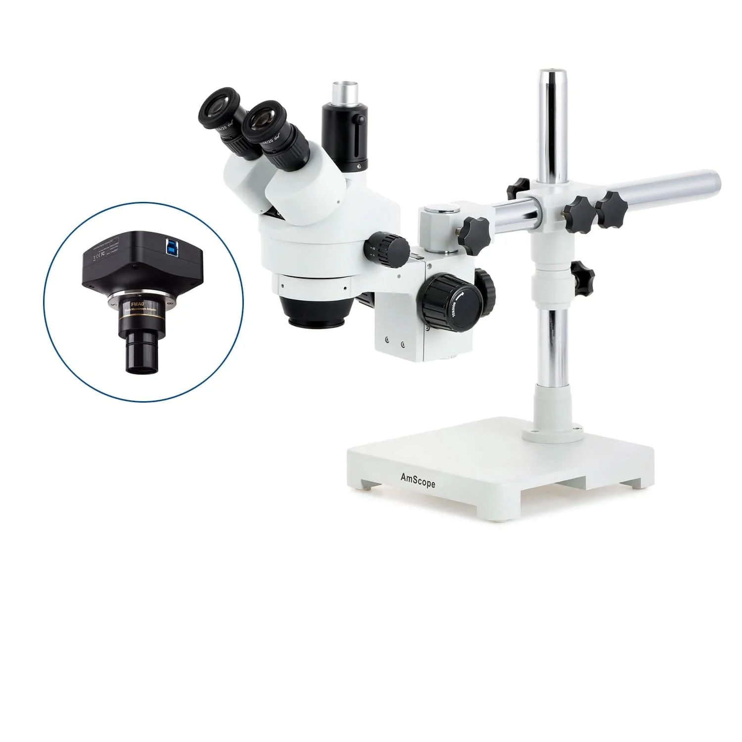 AmScope SM-3 Series Simul-Focal Zoom Trinocular Stereo Microscope with Optional Digital Camera on Single Arm Boom Stand - Image 4