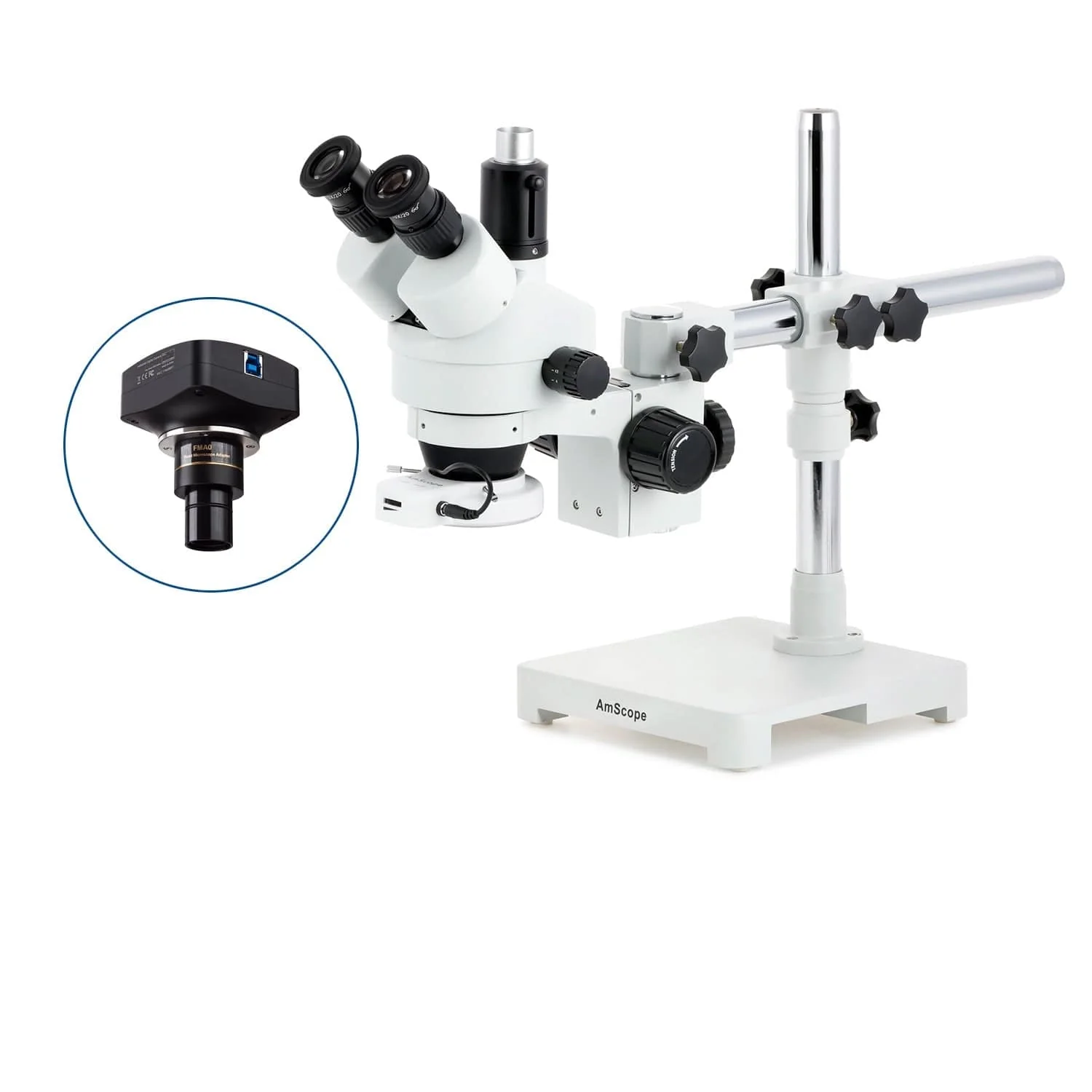 AmScope SM-3 Series Simul-Focal Zoom Trinocular Stereo Microscope with 56 LED Compact Ring Light and Optional Digital Camera on Single Arm Boom Stand - Image 4