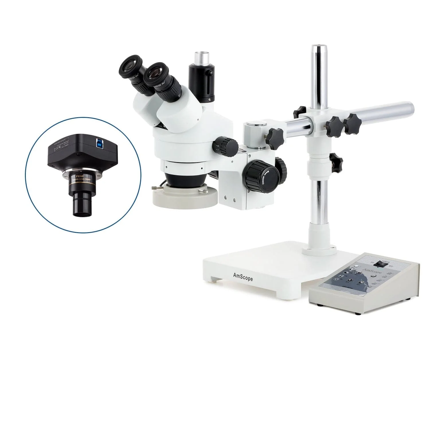 AmScope SM-3 Series Simul-Focal Zoom Trinocular Stereo Microscope with 80 LED Direction Variable Ring Light and Optional Digital Camera on Single Arm Boom Stand - Image 4