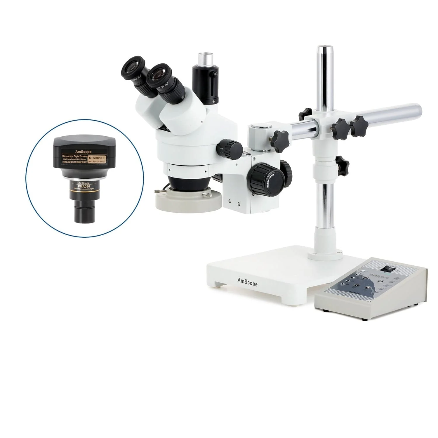 AmScope SM-3 Series Simul-Focal Zoom Trinocular Stereo Microscope with 80 LED Direction Variable Ring Light and Optional Digital Camera on Single Arm Boom Stand - Image 6