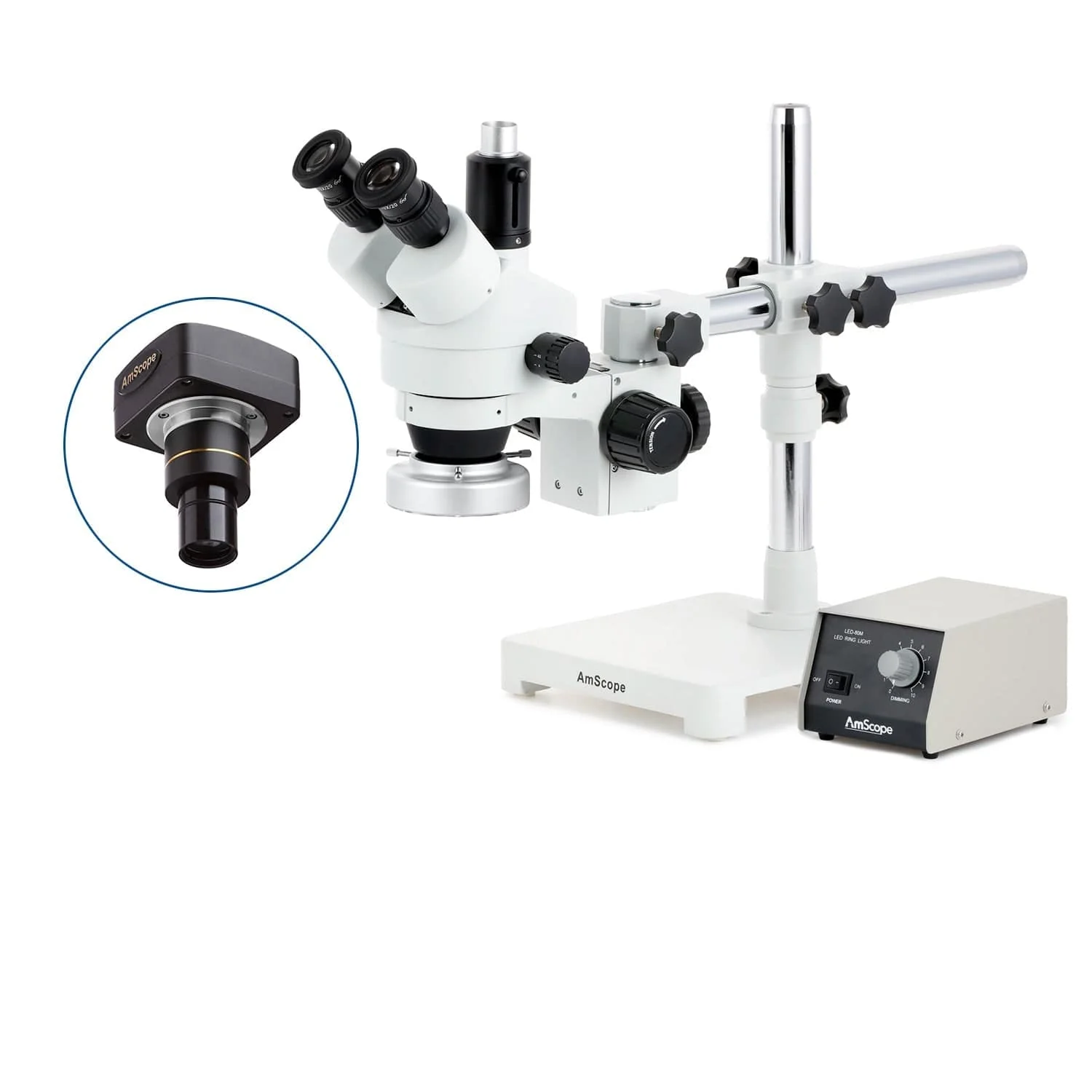 AmScope SM-3 Series Simul-Focal Zoom Trinocular Stereo Microscope with Heavy Duty 80 LED Ring Light and Optional Digital Camera on Single Arm Boom Stand - Image 2