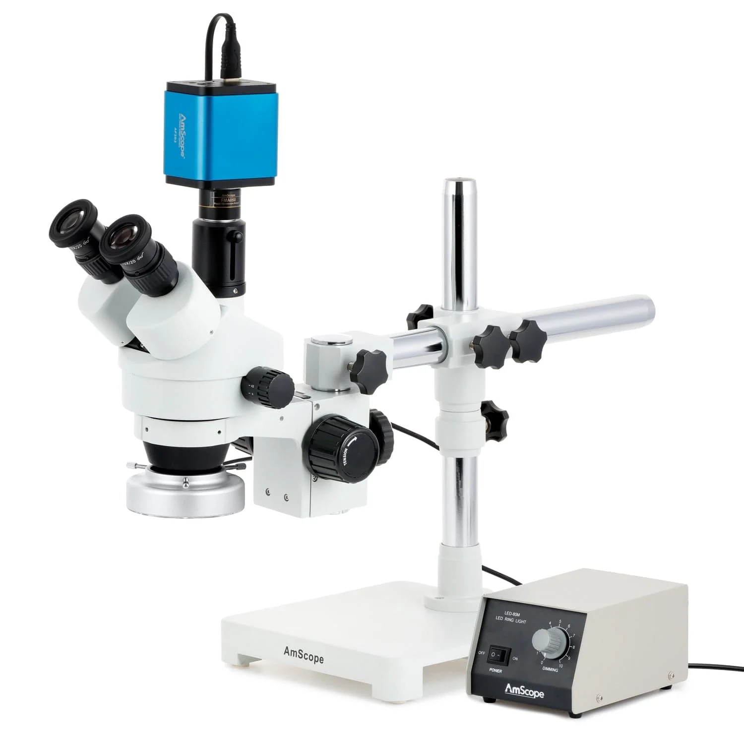 AmScope SM-3 Series Simul-Focal Zoom Trinocular Stereo Microscope with Heavy Duty 80 LED Ring Light and Auto Focus Camera on Single Arm Boom Stand