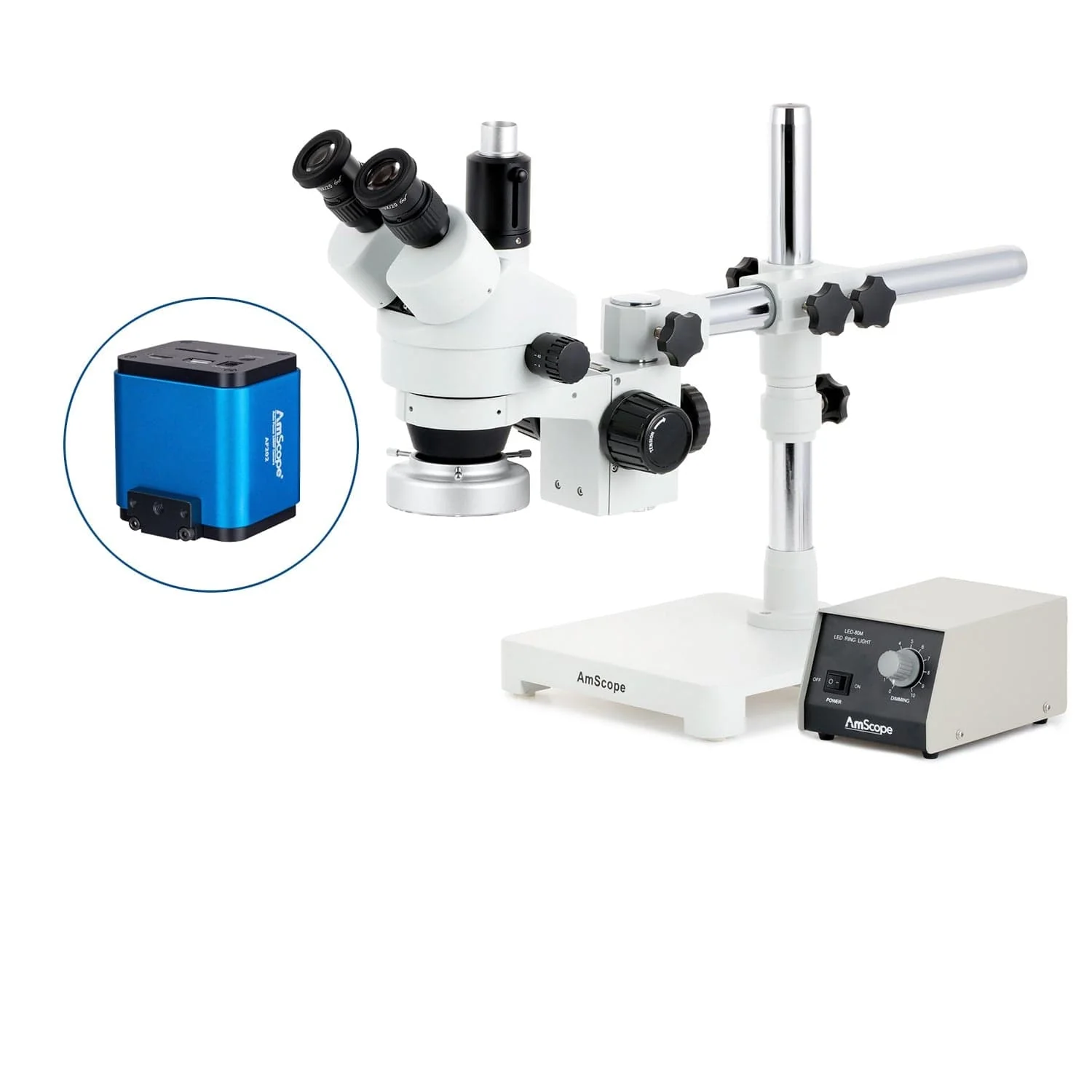 AmScope SM-3 Series Simul-Focal Zoom Trinocular Stereo Microscope with Heavy Duty 80 LED Ring Light and Auto Focus Camera on Single Arm Boom Stand - Image 5