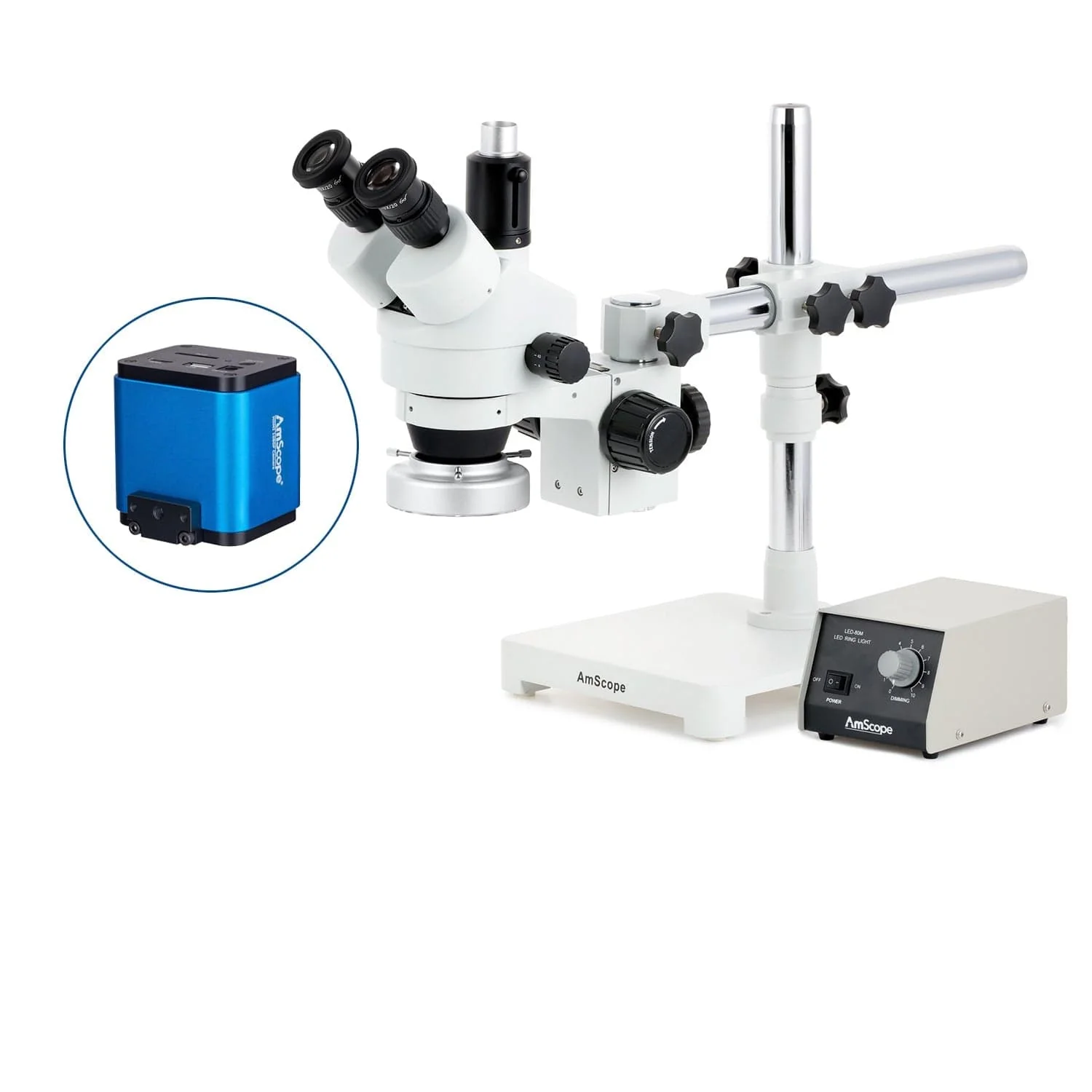 AmScope SM-3 Series Simul-Focal Zoom Trinocular Stereo Microscope with Heavy Duty 80 LED Ring Light and HDMI Camera on Single Arm Boom Stand - Image 3