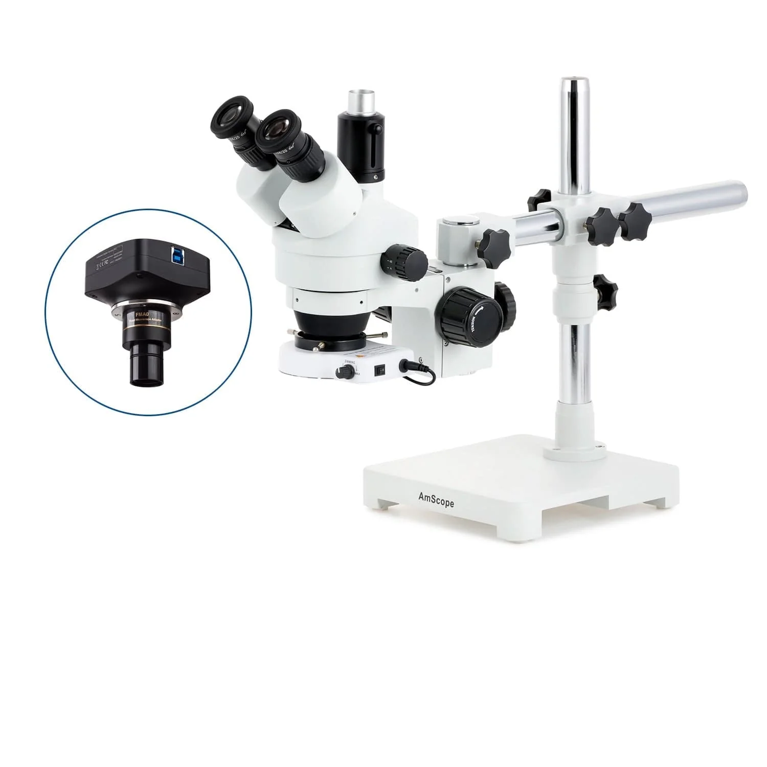 AmScope SM-3 Series Simul-Focal Zoom Trinocular Stereo Microscope with 80 LED Compact Ring Light and Optional Digital Camera on Single Arm Boom Stand - Image 4